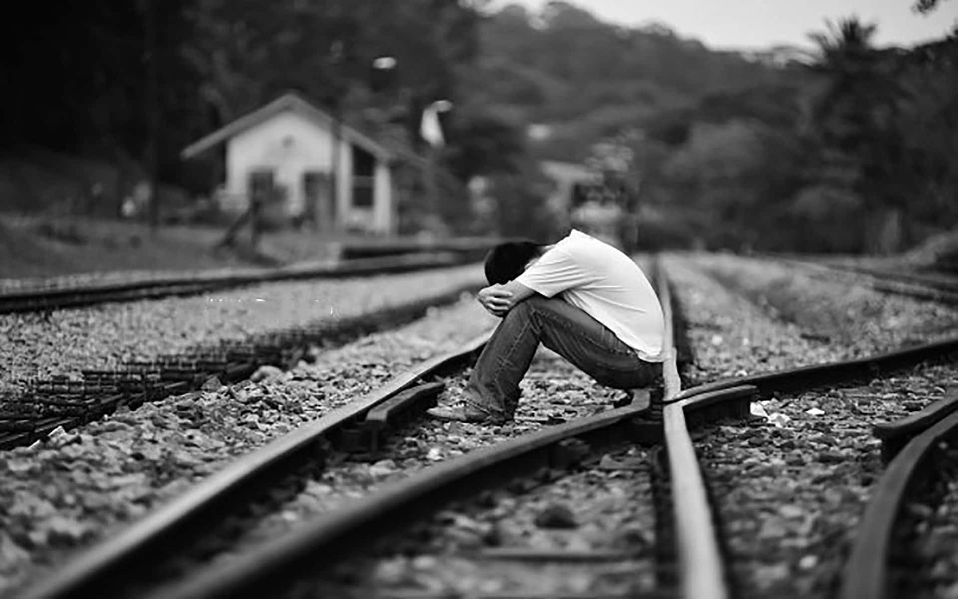 Einsamertrauriger Deprimierter Mann Auf Einem Eisenbahnbild