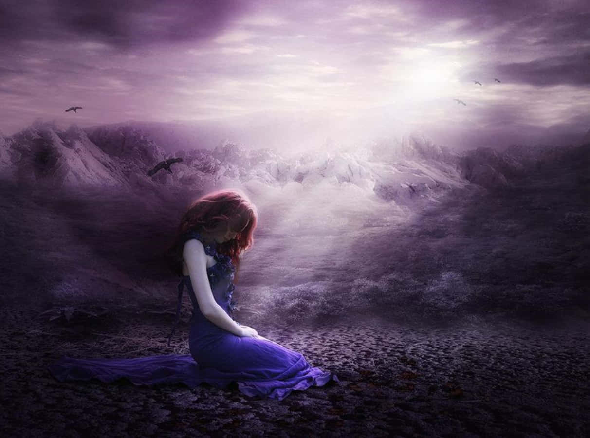 Digitalesbild Einer Einsamen Traurigen Mädchen In Lila