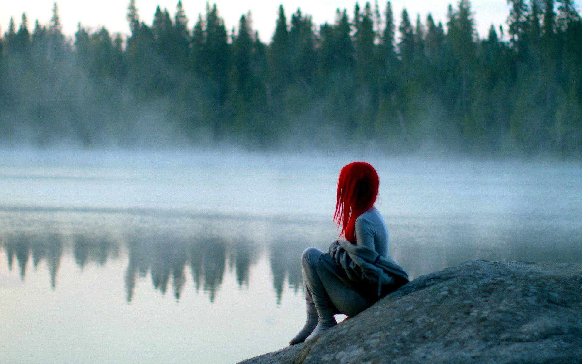 Alone Woman Beside Lake Background