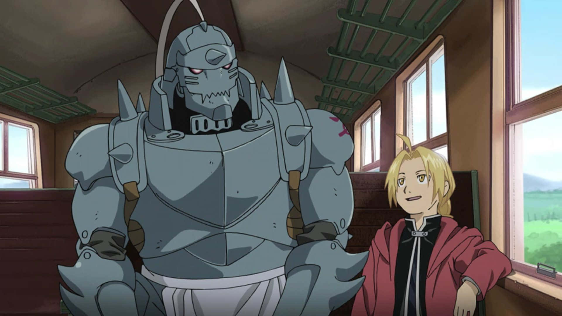 Alphonse Elric with a mysterious gaze in front of a softly lit background. Wallpaper