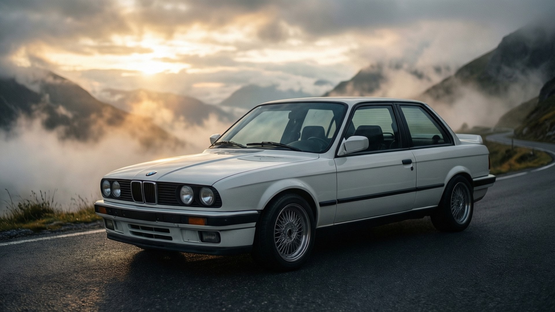 BMW E30 in white on misty mountain road at sunrise — Bmw 3 Series Picture