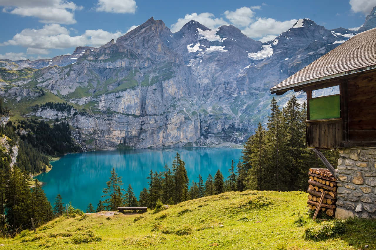 Alpenmeer Uitzicht Met Cabin Baden Zwitserland Achtergrond