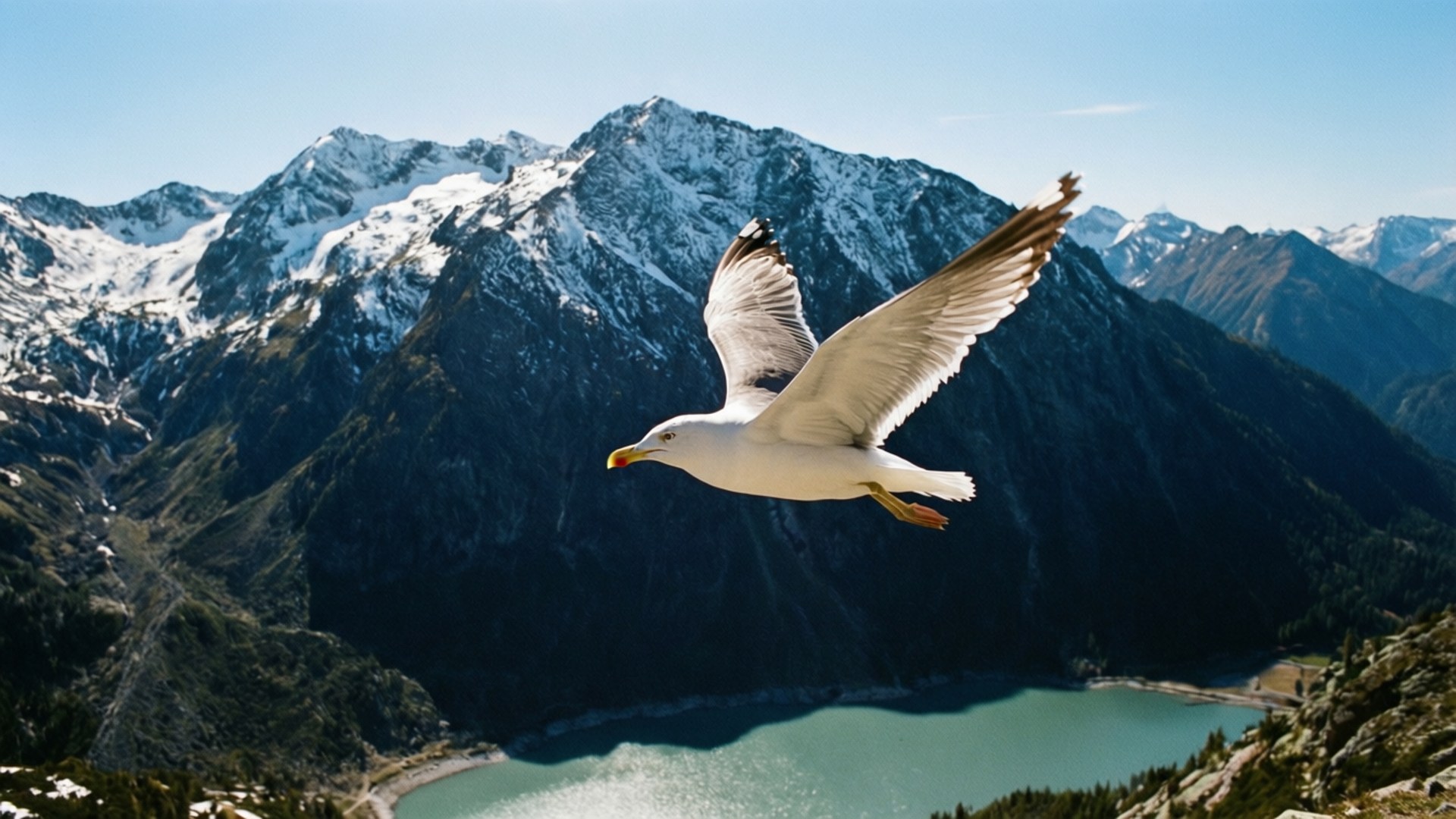 A nature wallpaper of a seagull flying against a snowy mountain and lake.