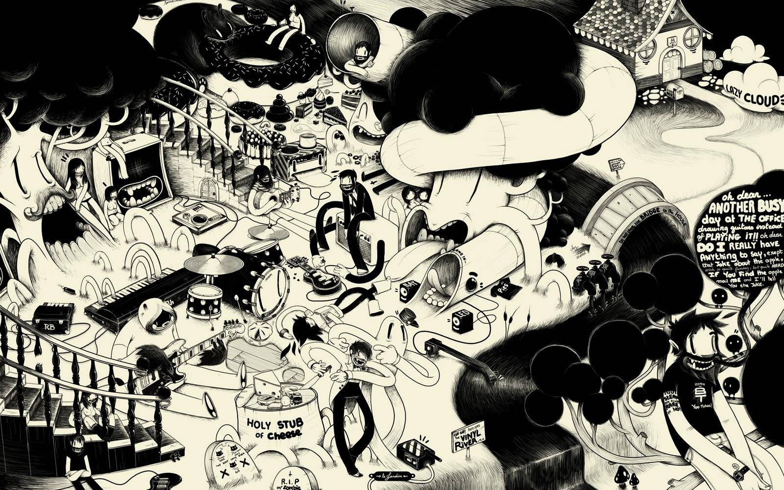 En sort og hvid tegning af en gruppe mennesker der arbejder sammen. Wallpaper