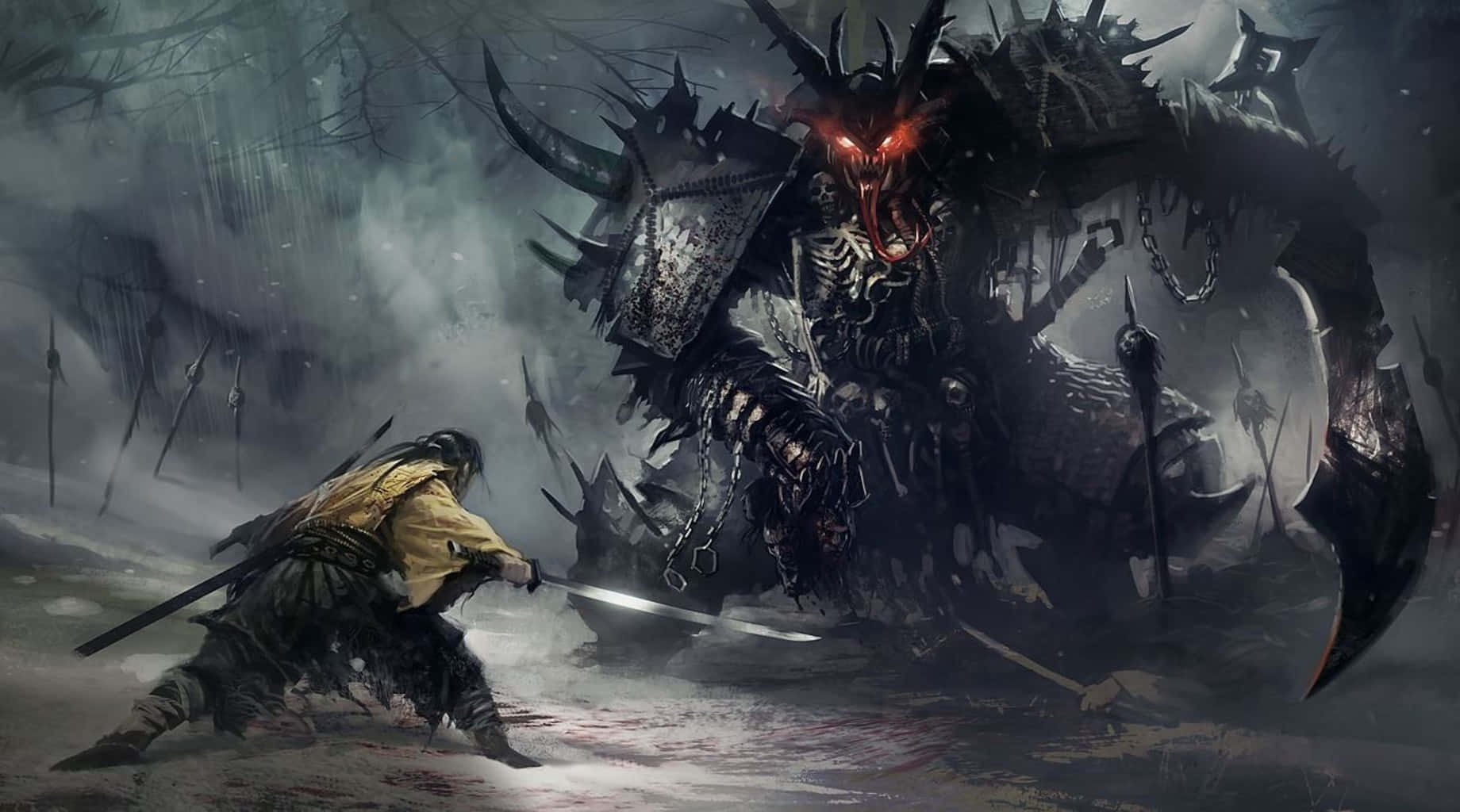 A Man Is Fighting A Demon In The Forest Wallpaper