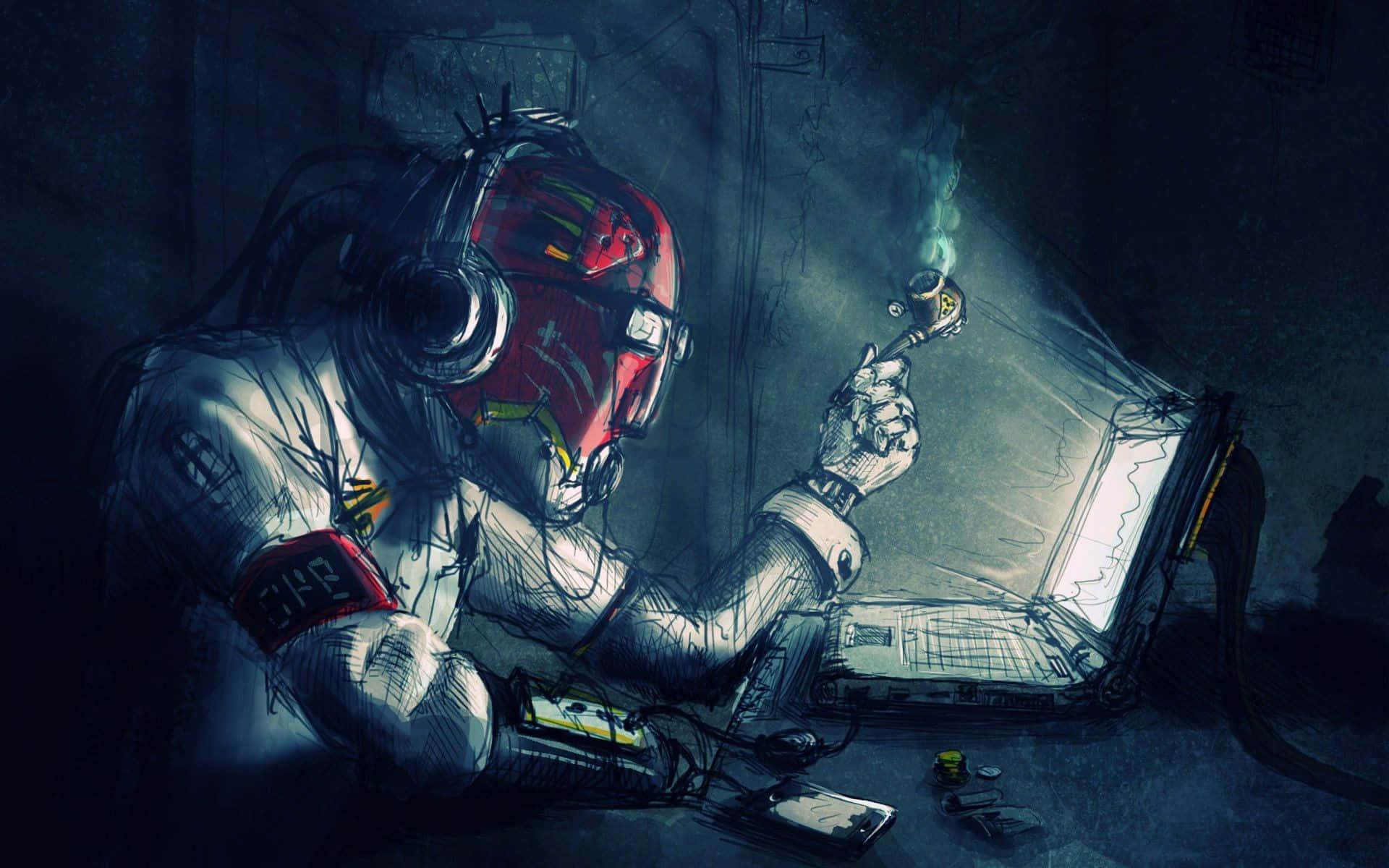 Alternative Art Man Sitting In Computer Wallpaper