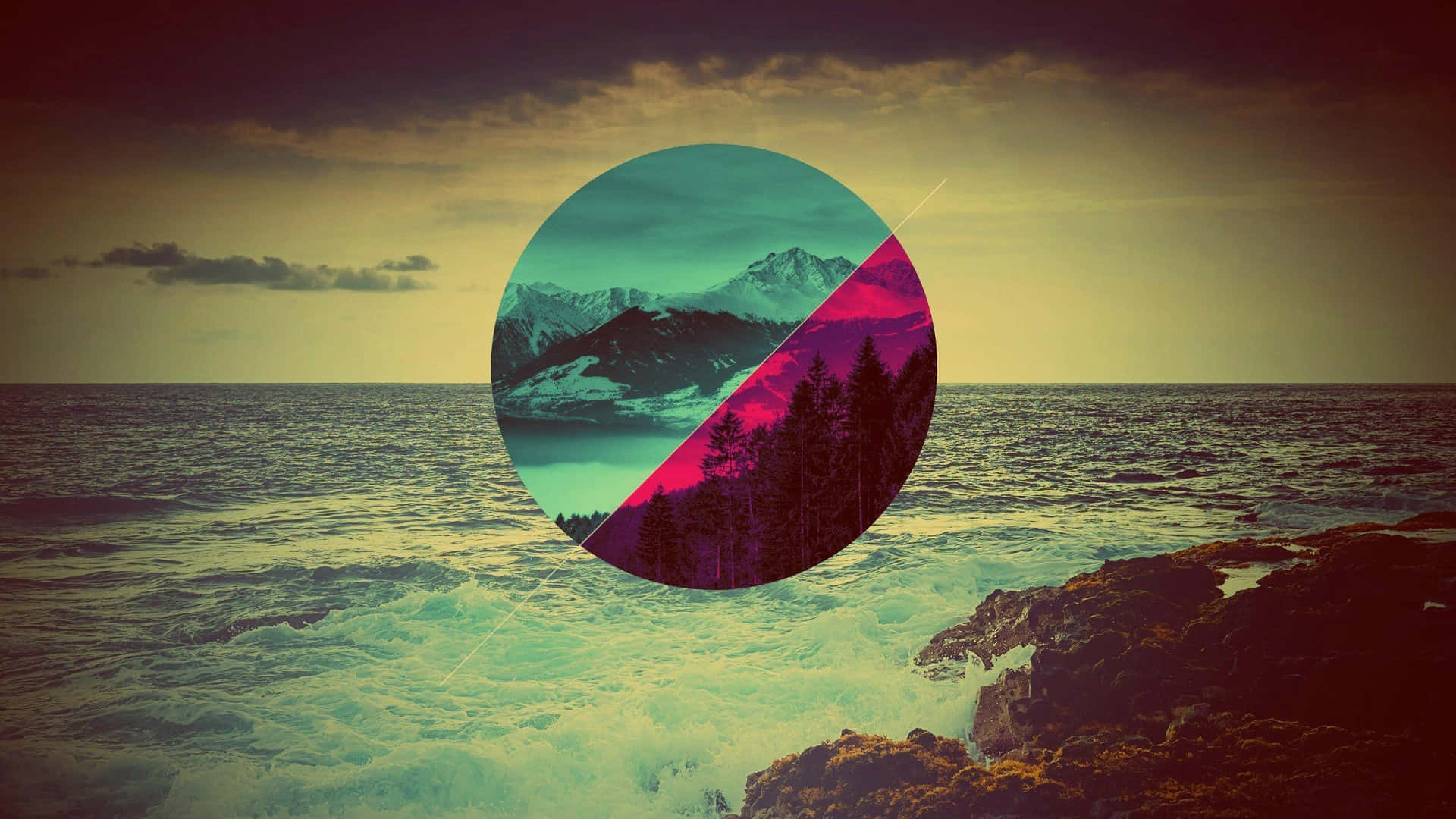 A Photo Of A Circular Image With Mountains And Ocean Wallpaper