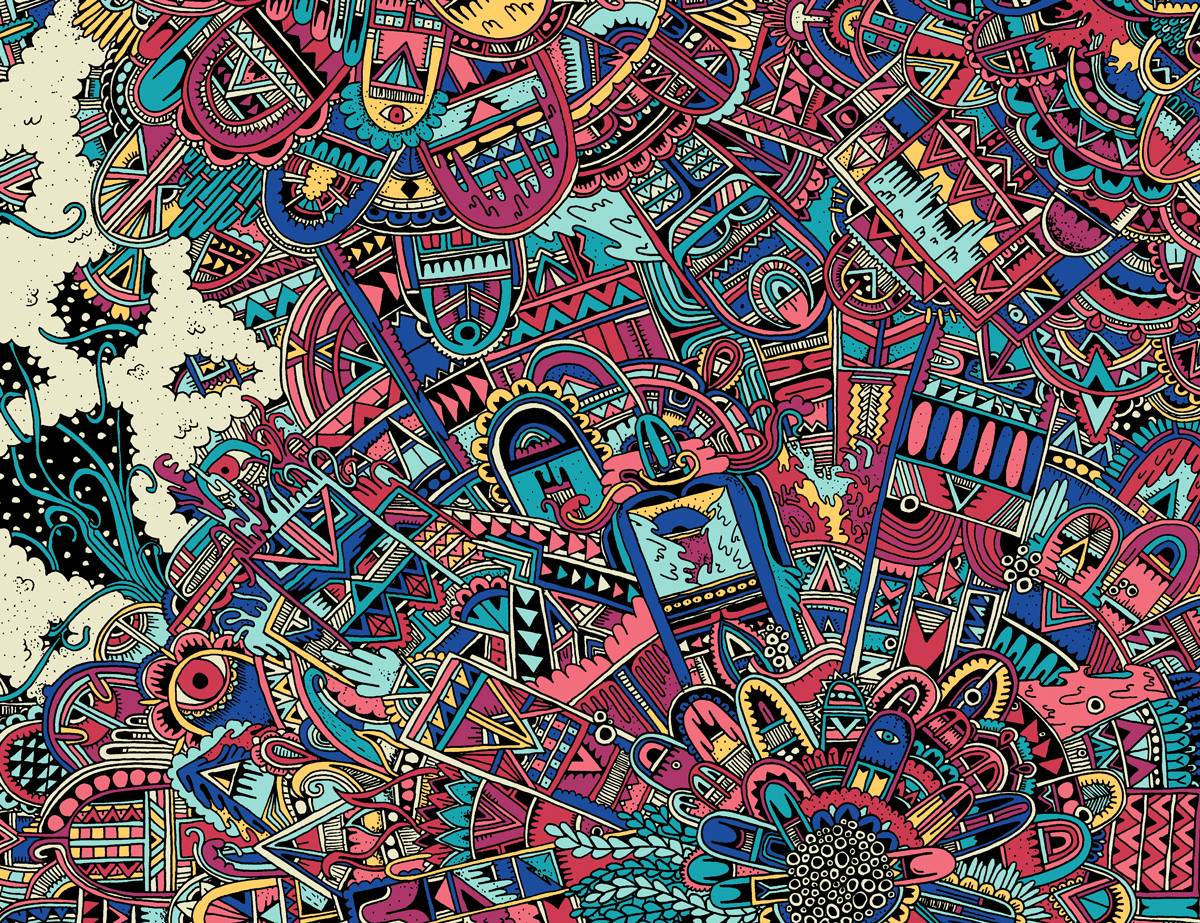En farverig doodlet kunstart med mange forskellige objekter. Wallpaper