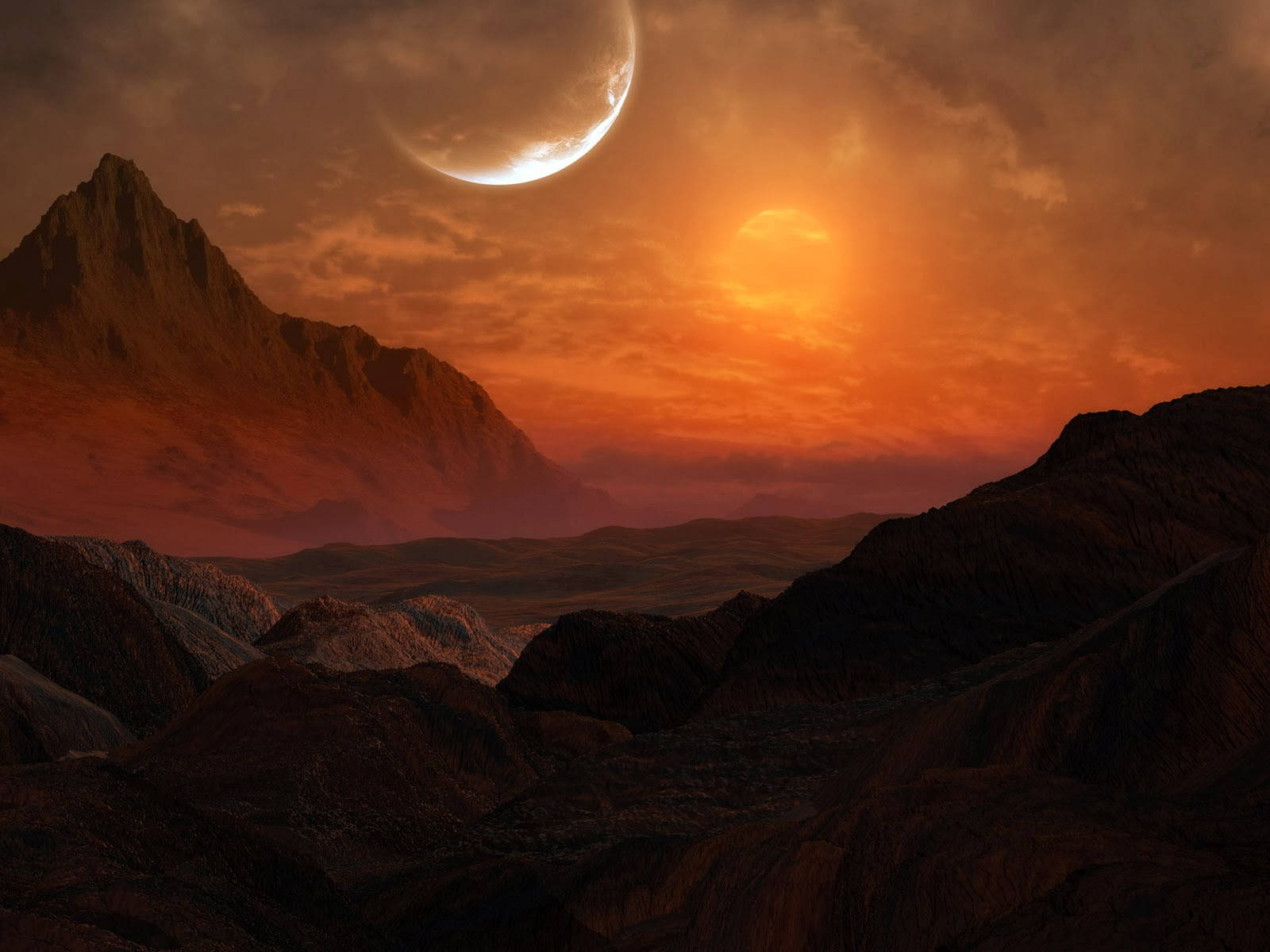 A Desert Landscape With A Moon And Sun Wallpaper