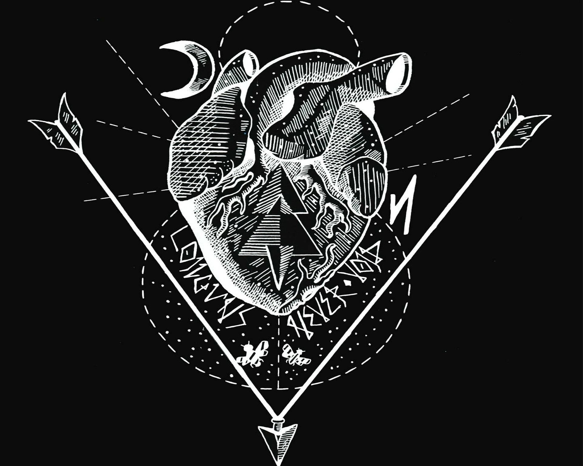A Black And White Drawing Of A Heart With Arrows Wallpaper