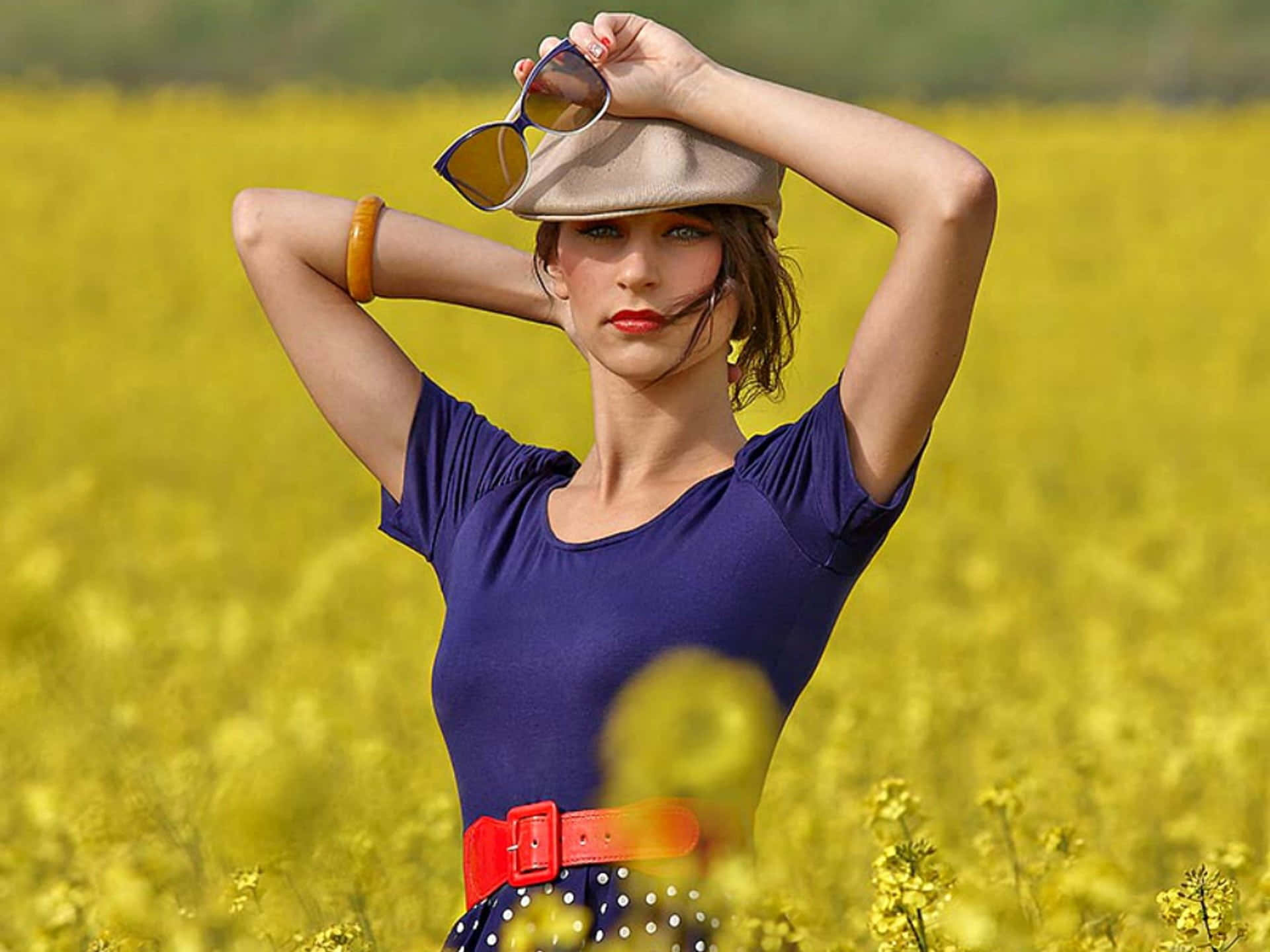 Amateur Model In Yellow Flower Field Wallpaper