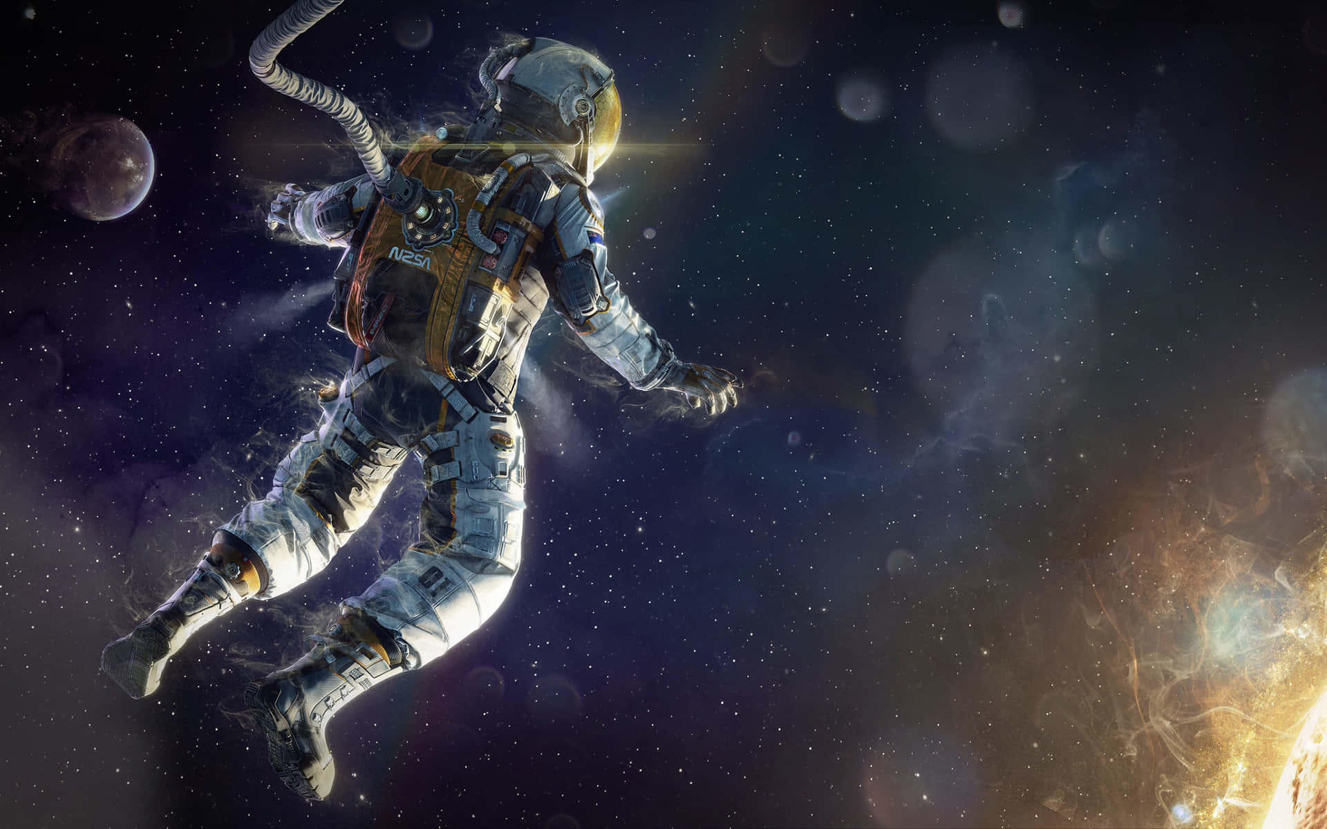 En stjernespækket billede af en astronaut, der svæver i det uudgrundelige af ydre rum. Wallpaper