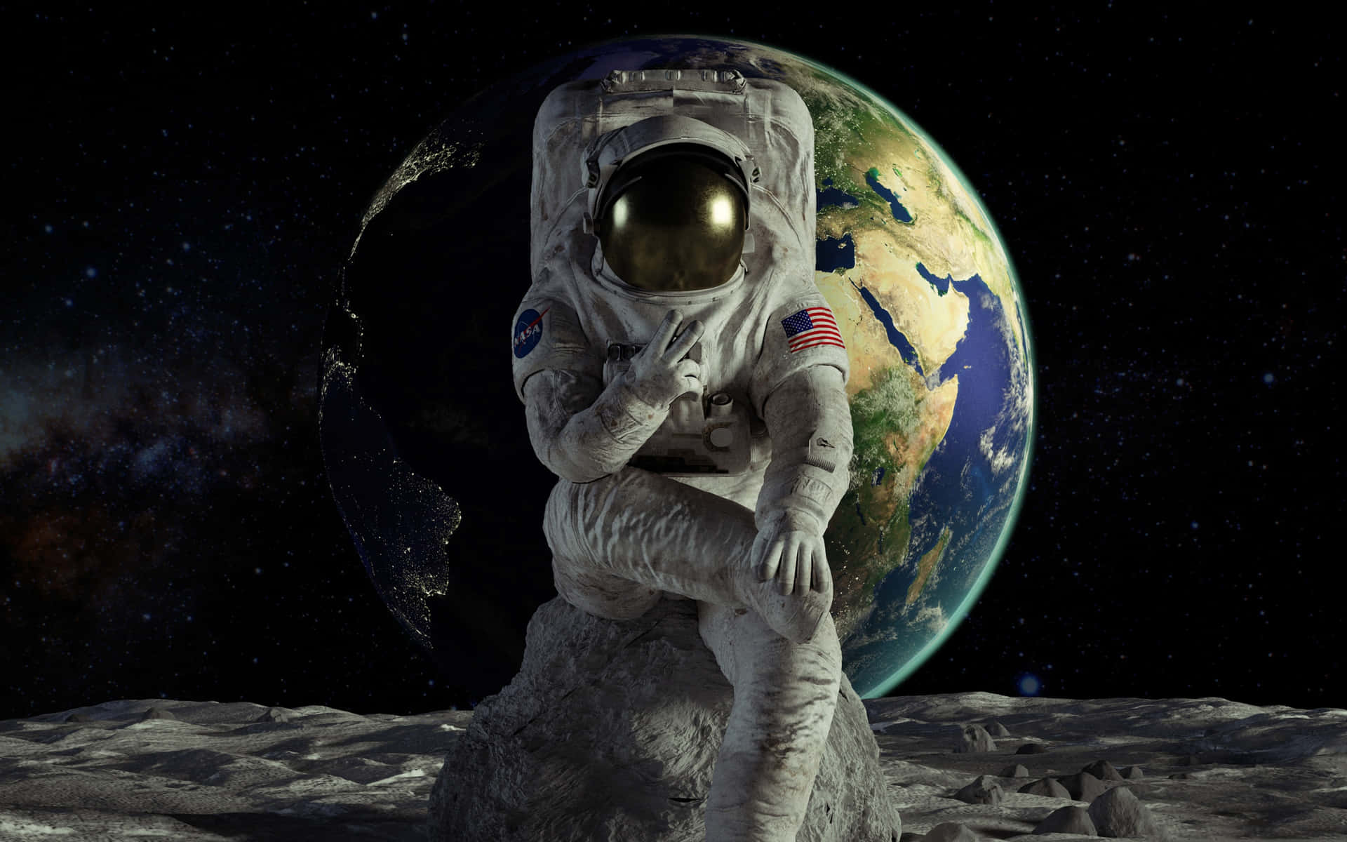 "An inspiring view of a lone astronaut surveying the vast expanse of space." Wallpaper