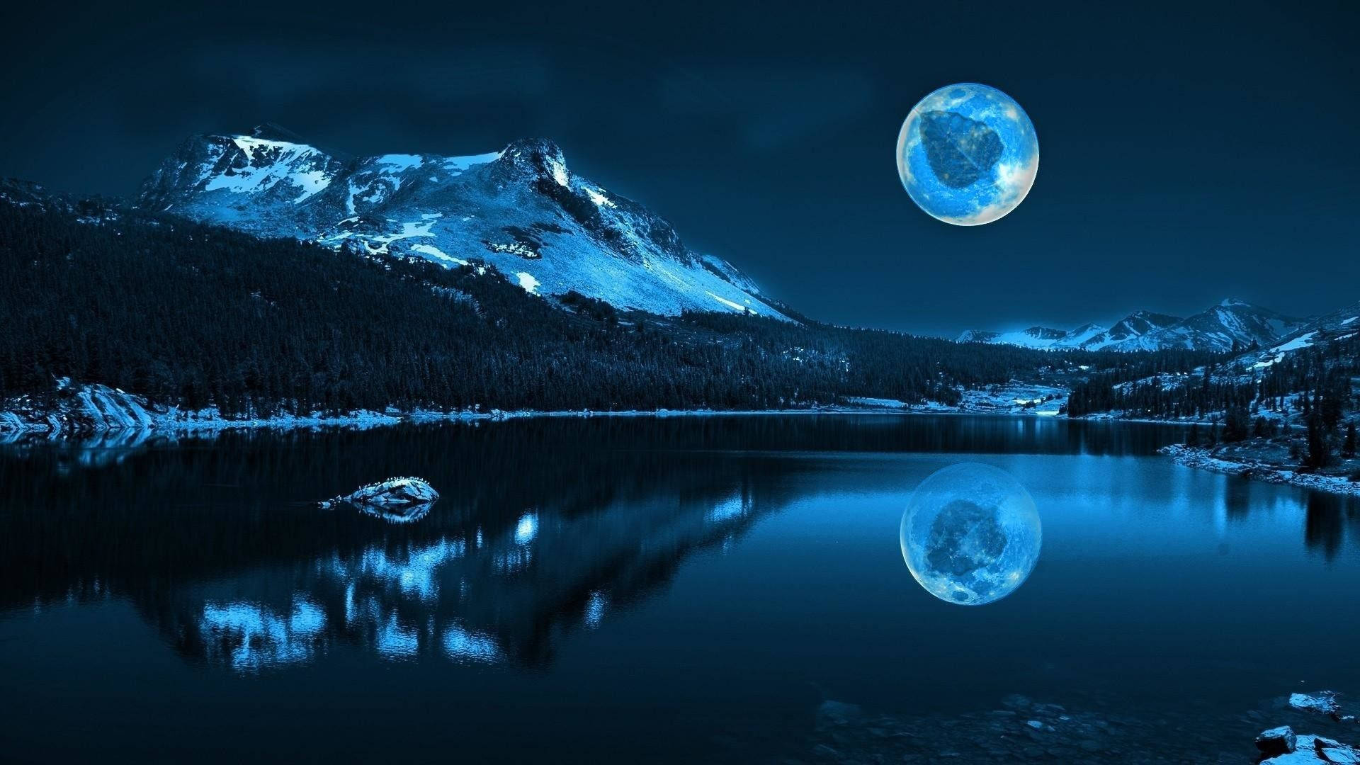 Fantastisktblå Måne Med Löv. Wallpaper