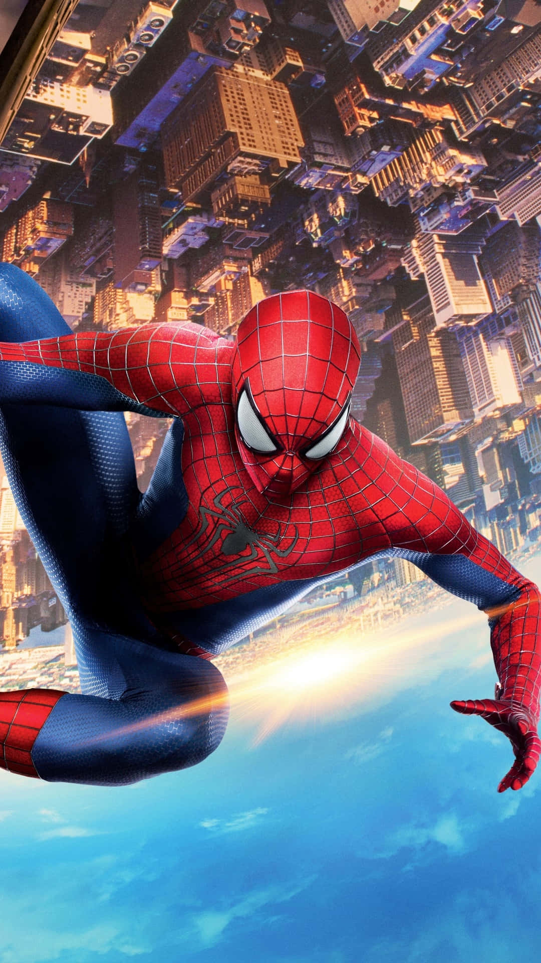 Spiderman Está Volando Sobre Una Ciudad. Fondo de pantalla