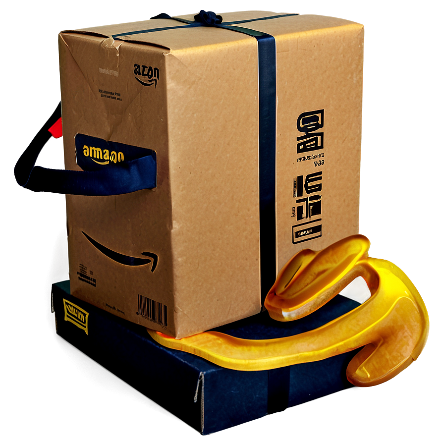 amazon package c PNG — A large brown Amazon cardboard box with blue tape and logo sits atop a smaller blue box with a glowing golden arrow curving beneath it.