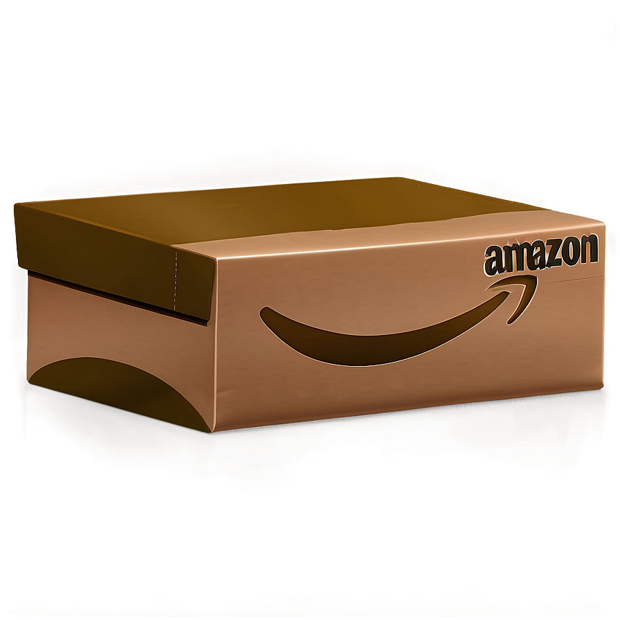 amazon package d PNG — A gold-colored Amazon shipping box with logo sits on a matching gold surface under warm lighting.