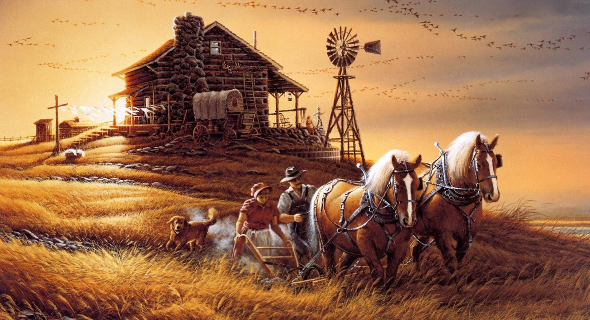 A Painting Of A Farm With Horses And Windmill Wallpaper