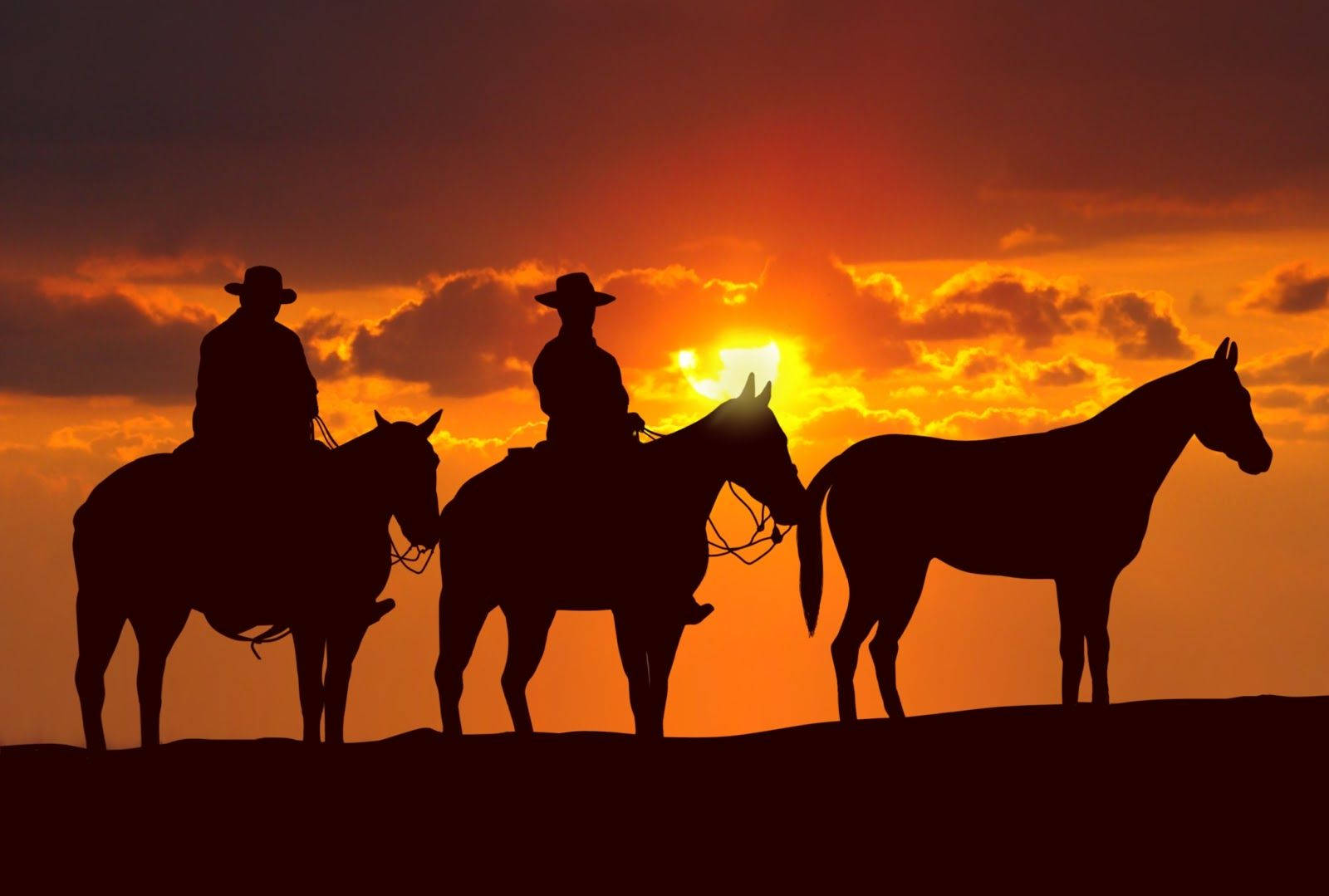 Silhuet af cowboys der rider heste over ørkenlandskab Wallpaper