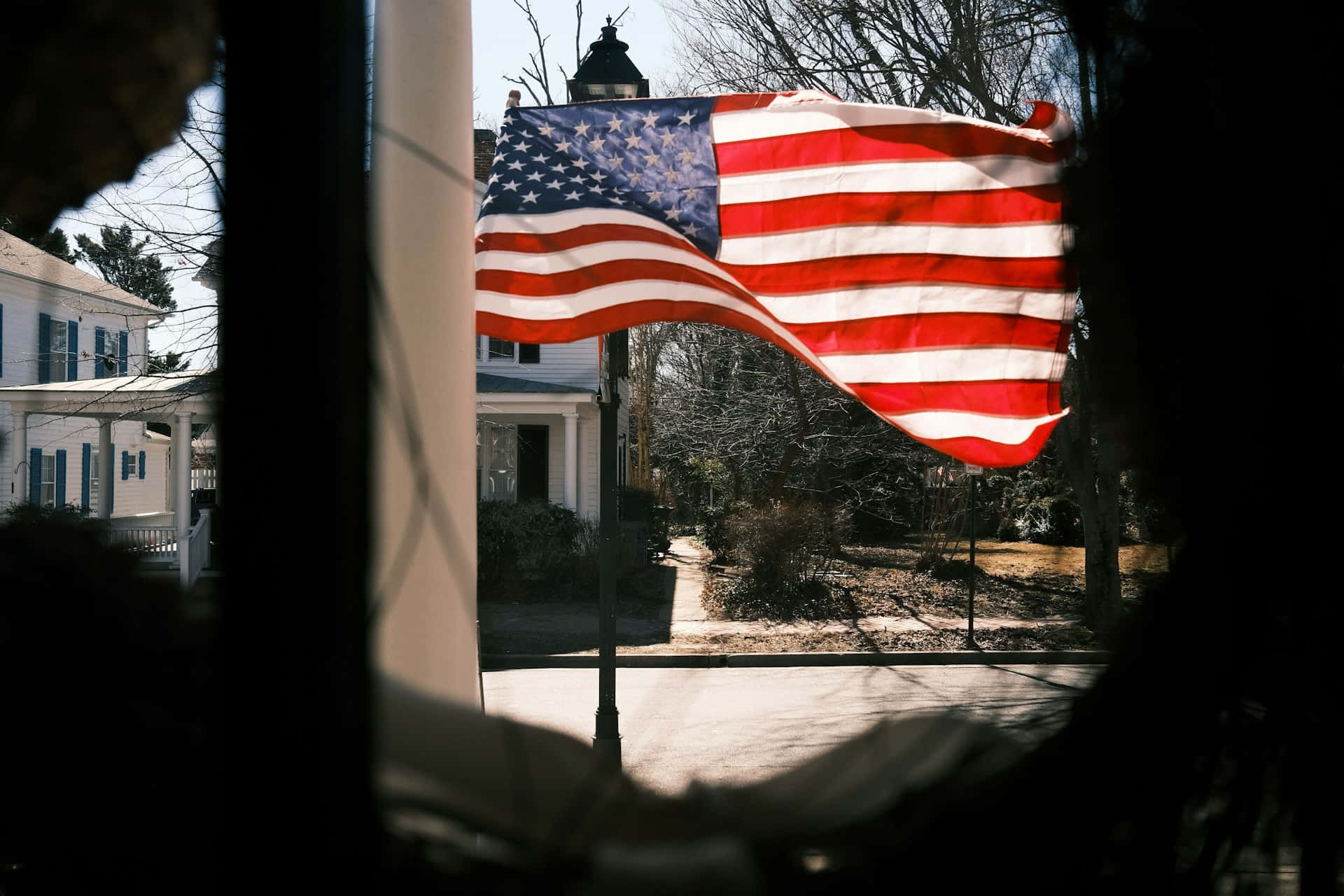 American Flag View Through Window Wallpaper