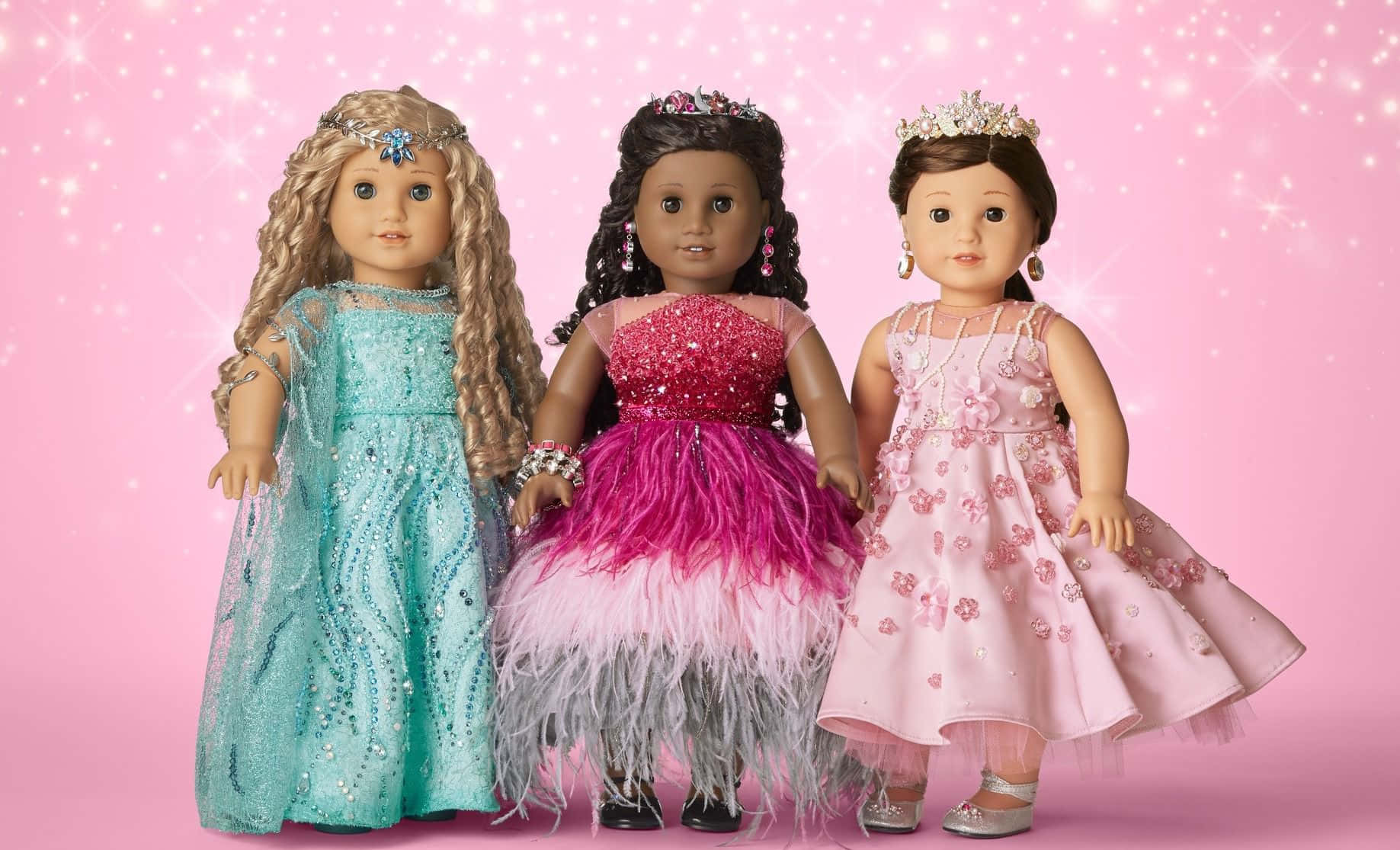Three American Girl Dolls In Pink Dresses