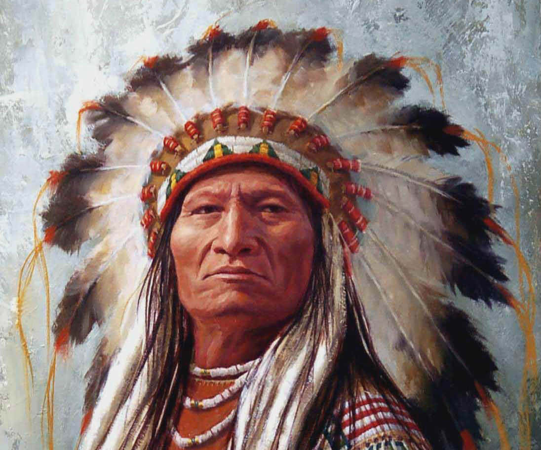A Painting Of A Native American Man In A Feathered Headdress