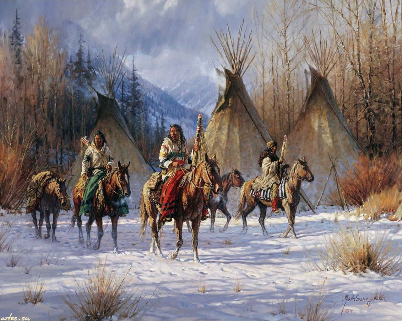 Undipinto Di Nativi Americani Che Cavalcano Cavalli Attraverso La Neve