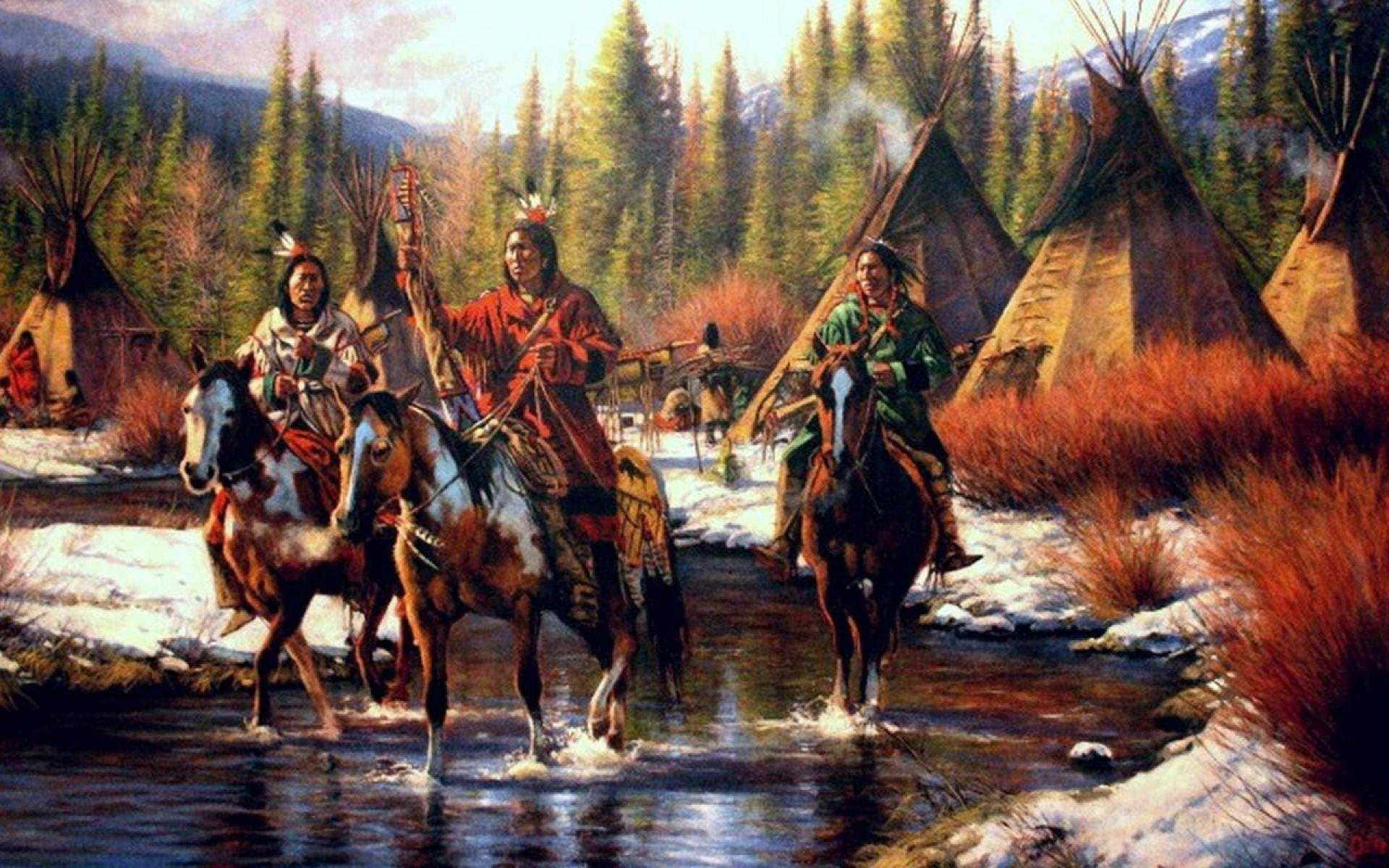 A Painting Of Native Americans On Horses In The Snow