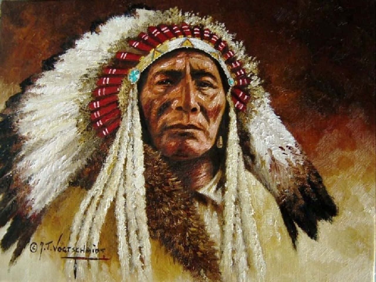 A Painting Of An Indian Chief Wearing A Feathered Headdress