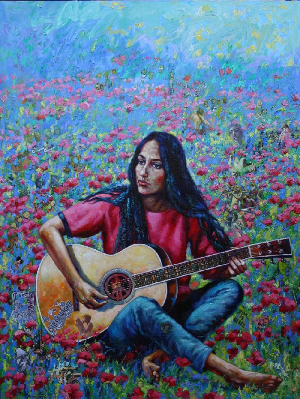 Maleri-portræt vægmaleri af amerikansk sanger Joan Baez Wallpaper