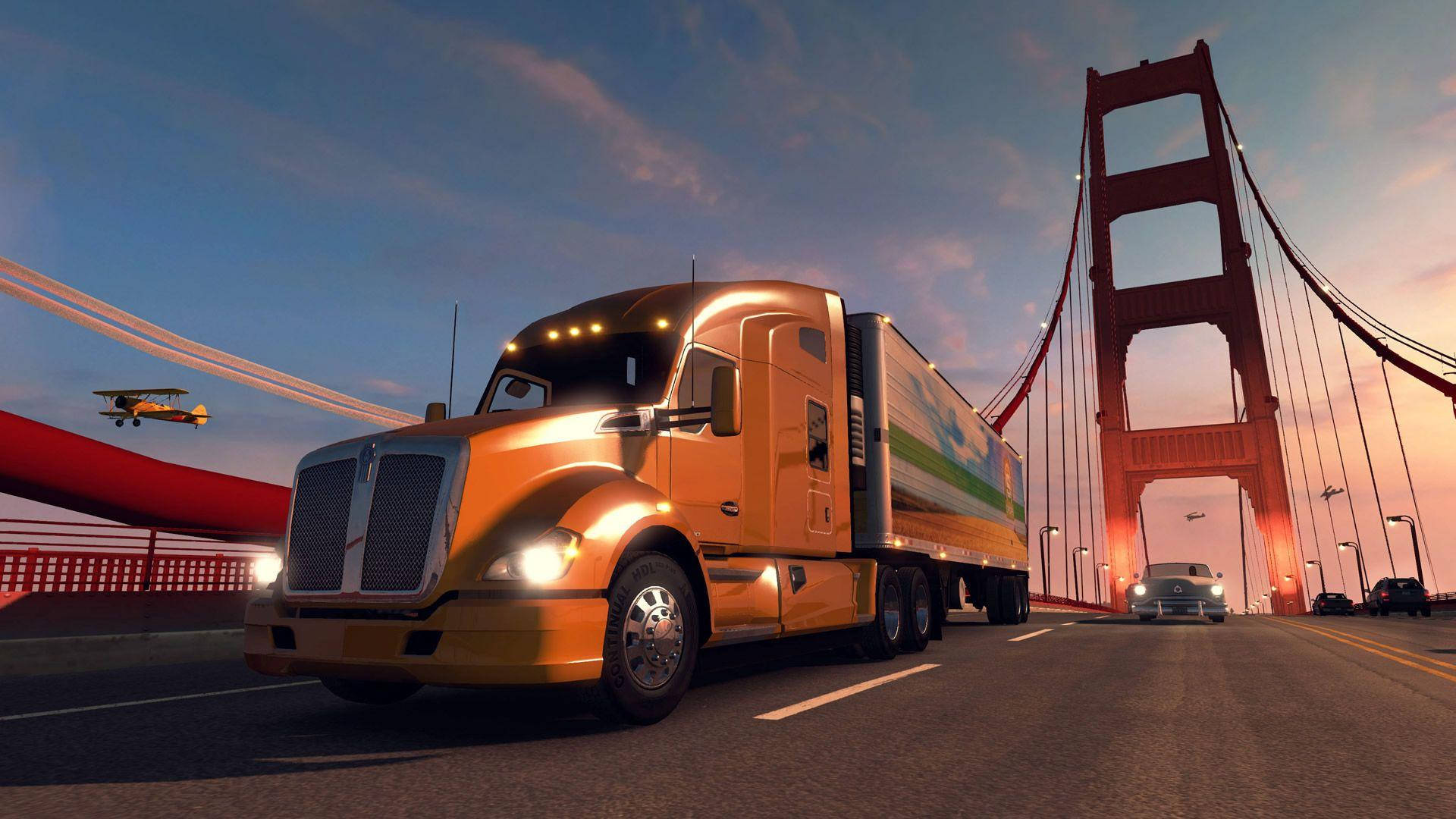 American Truck Simulator Passing A Bridge Wallpaper