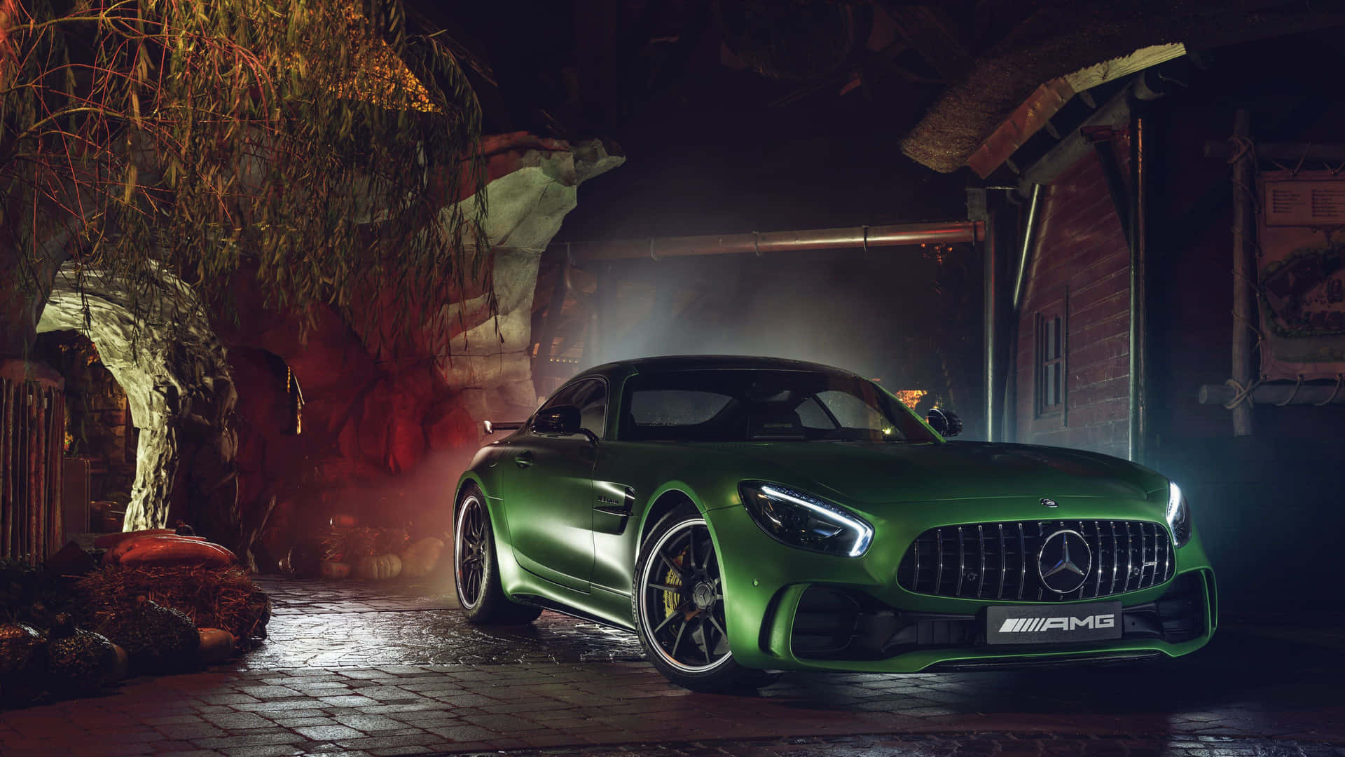 Parked Mercedes Amg Gt R With Night Street Background