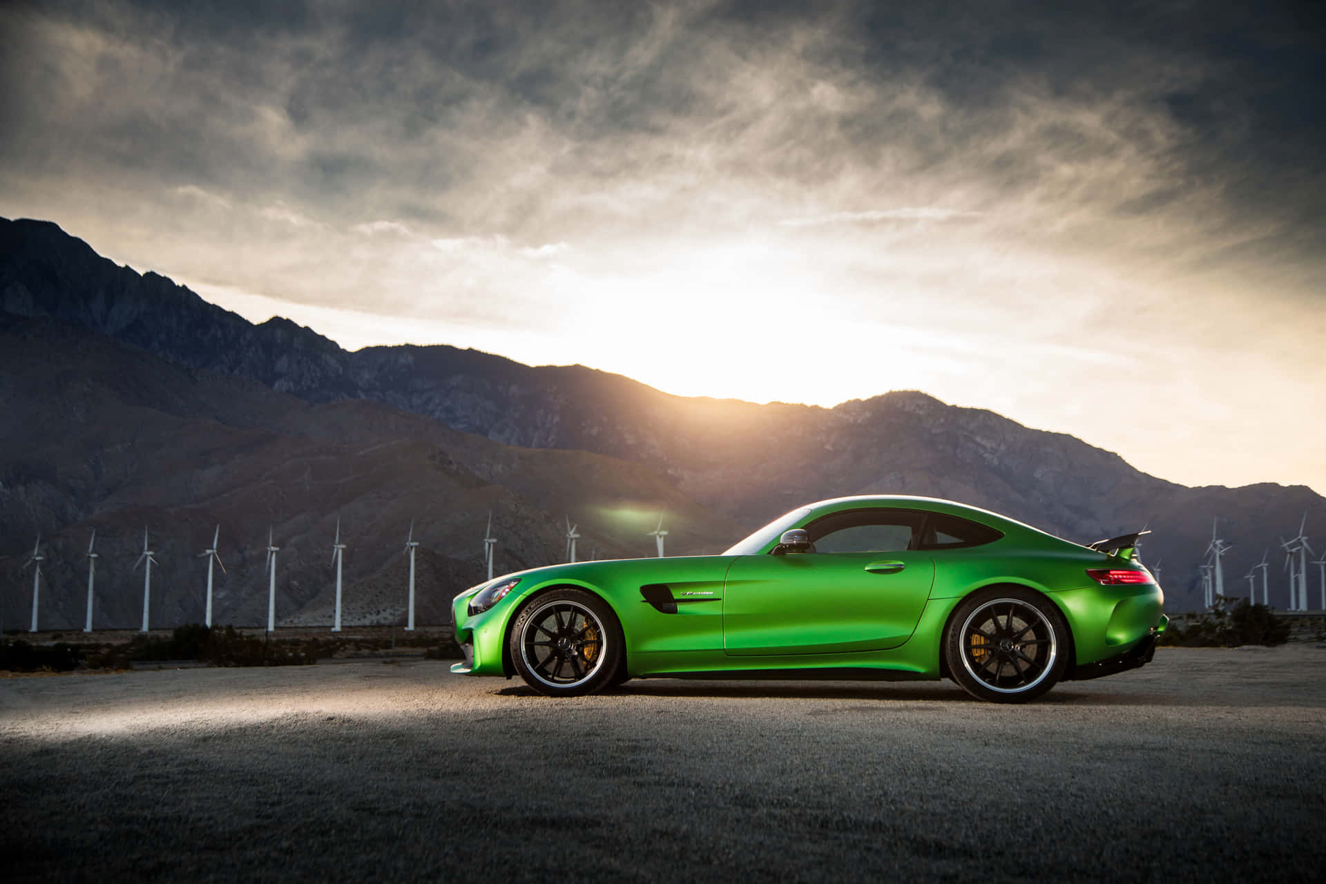 Green Mercedes AMG GT R With Sunset Hill Background