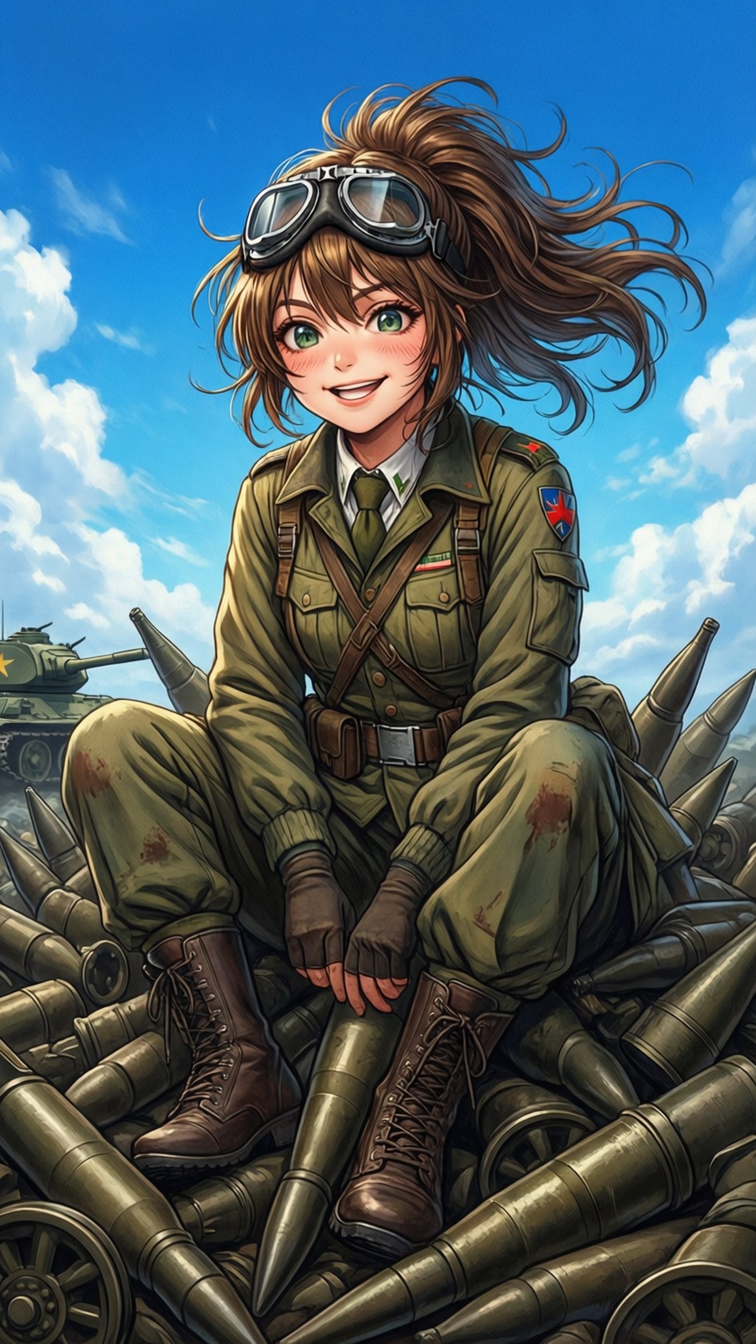 Anime girl in military gear smiling while sitting on artillery shells under a blue sky. — Wilhelmina Braunschweig Ingenohl Friedeburg Background