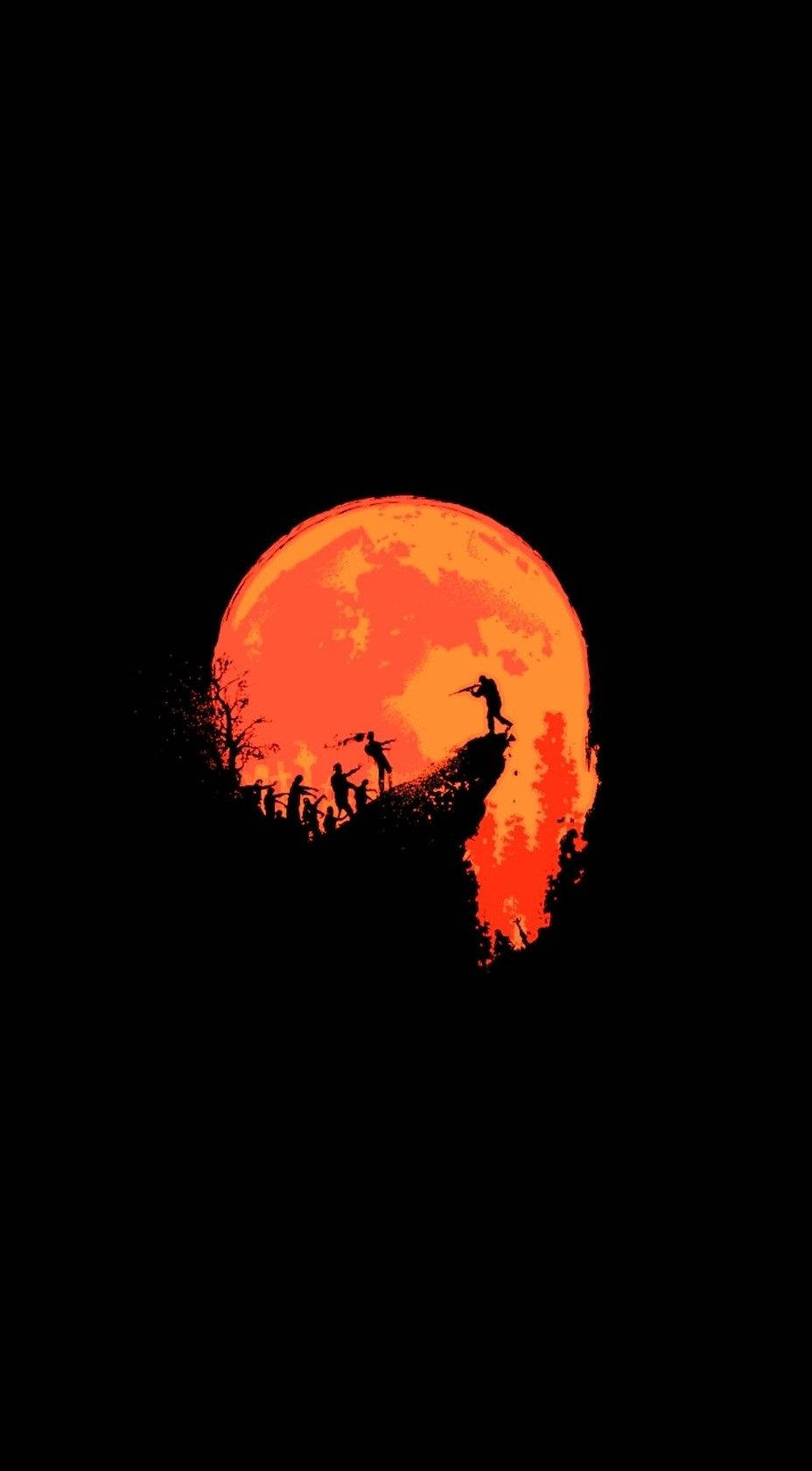 The moon glows orange atop a stunning cliff face. Wallpaper