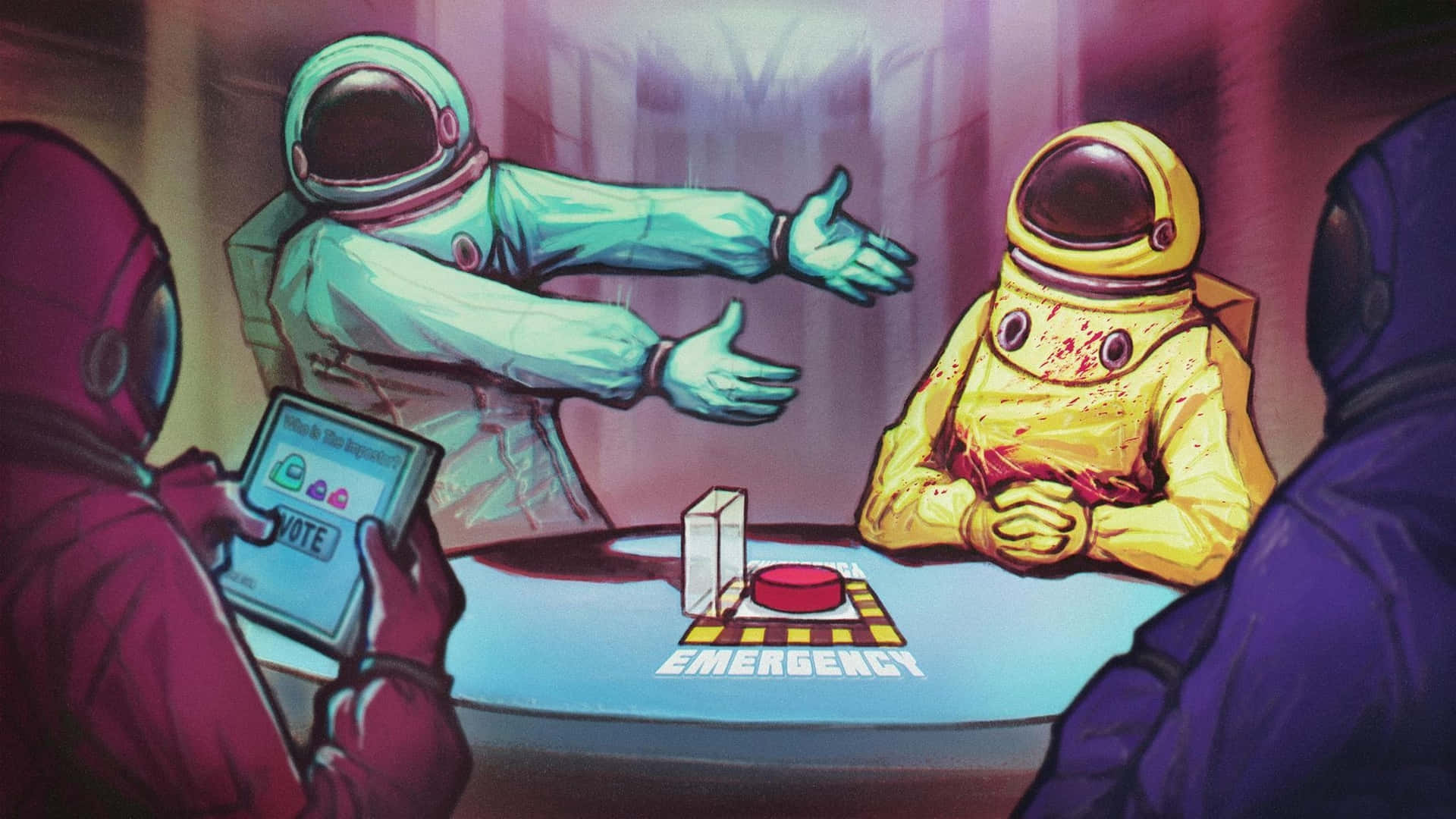 En gruppe mennesker i rumdragter spiller et poker spil. Wallpaper
