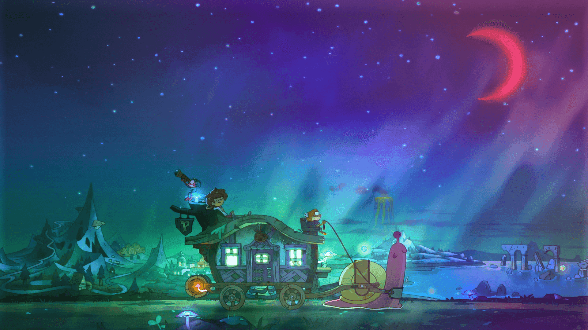 Einecartoon-bild Von Einem Boot Und Ein Boot Mit Einem Mond