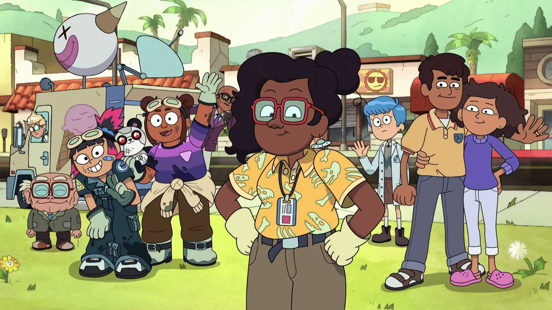 a cartoon group of people standing in front of a building Background — A vibrant cartoon group of diverse characters waves cheerfully in a sunny suburban yard with palm trees and a quirky RV.