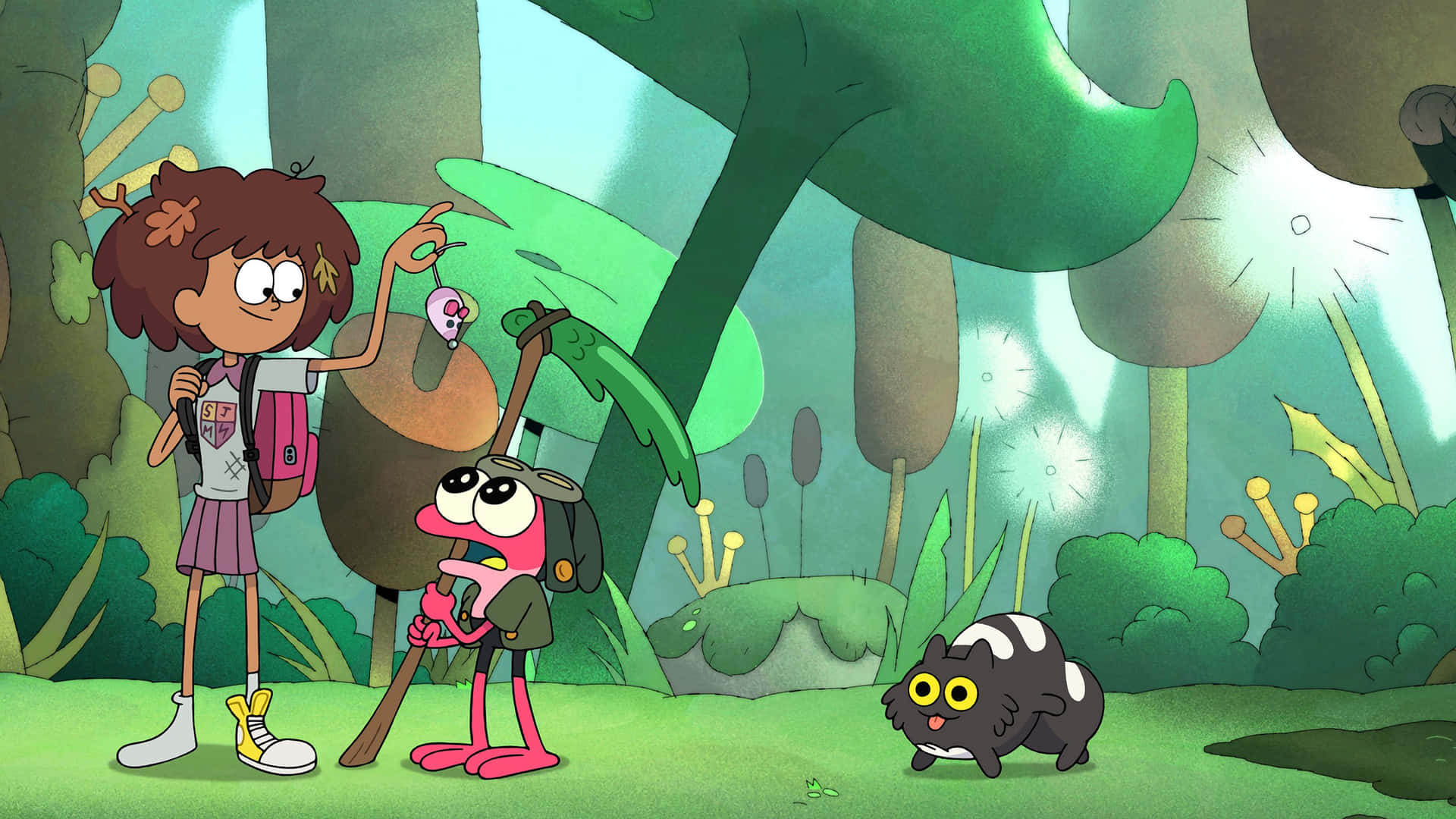 Unaniña De Dibujos Animados Y Sus Amigos Están Parados En El Bosque.