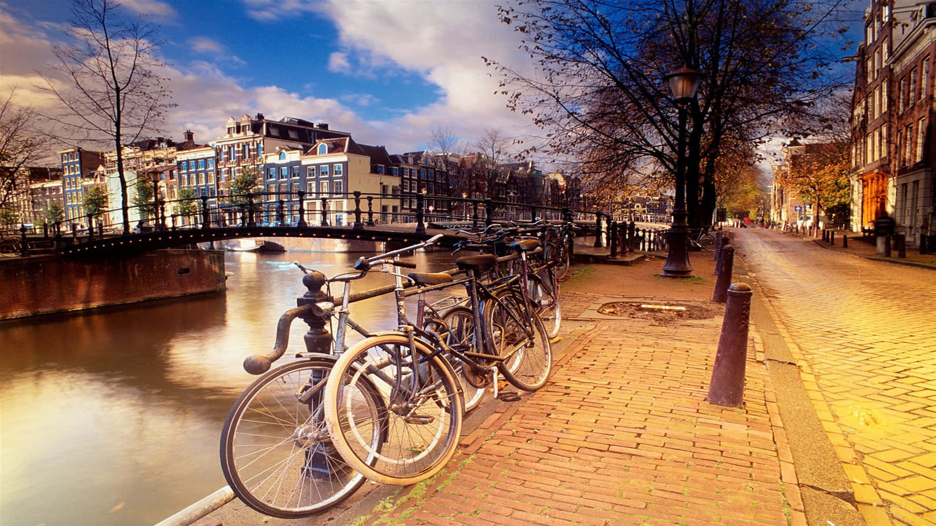 Amsterdam Canal Bicycles Sunny Day Wallpaper