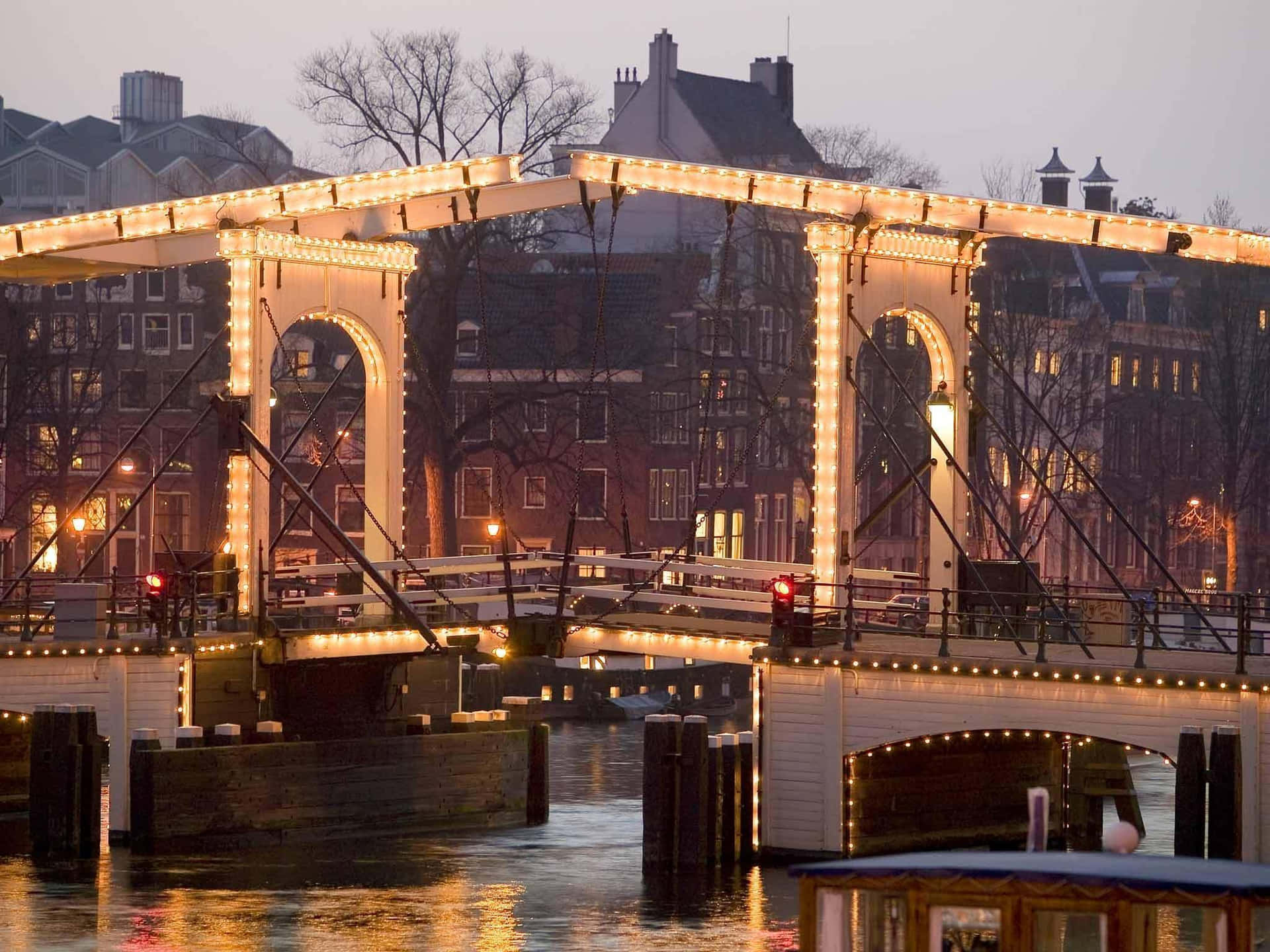 Amsterdam Evening Canal Bridge Lights Wallpaper