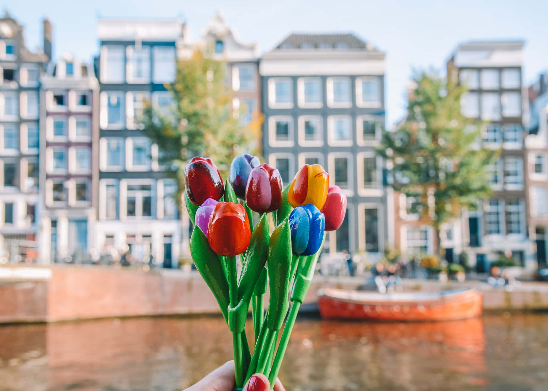 En person holder et buket af farverige tulipaner foran en kanal. Wallpaper