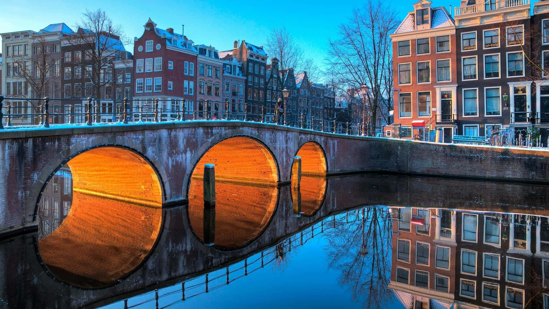 Amsterdam Winter Kanaal Reflectie Achtergrond