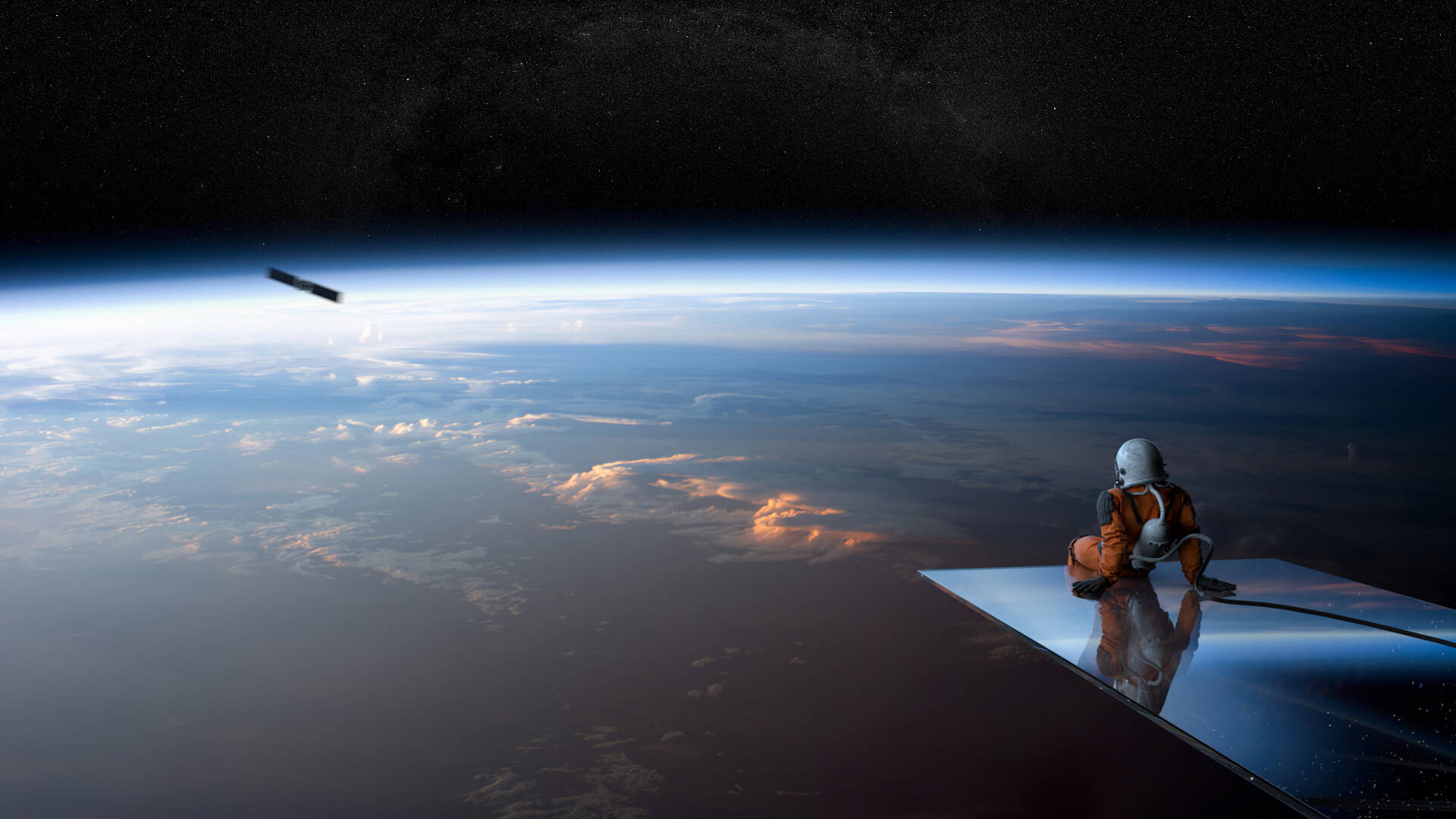 En astronaut i rummet hviler over en planet med ringe. Wallpaper