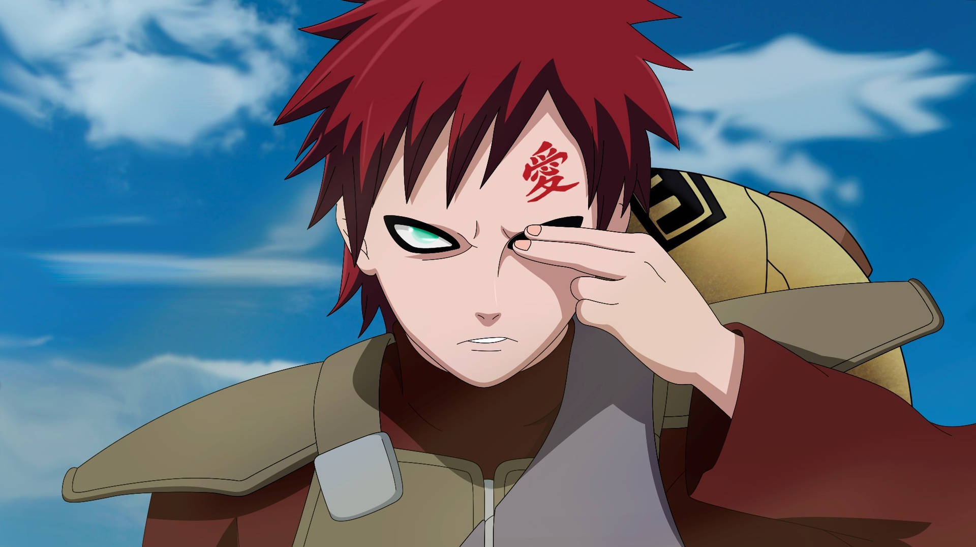 An Ipad Wallpaper Of Gaara From The Anime Series Naruto Focusing And Staring At Something, With Two Of His Fingers Covering His Right Eye. Wallpaper