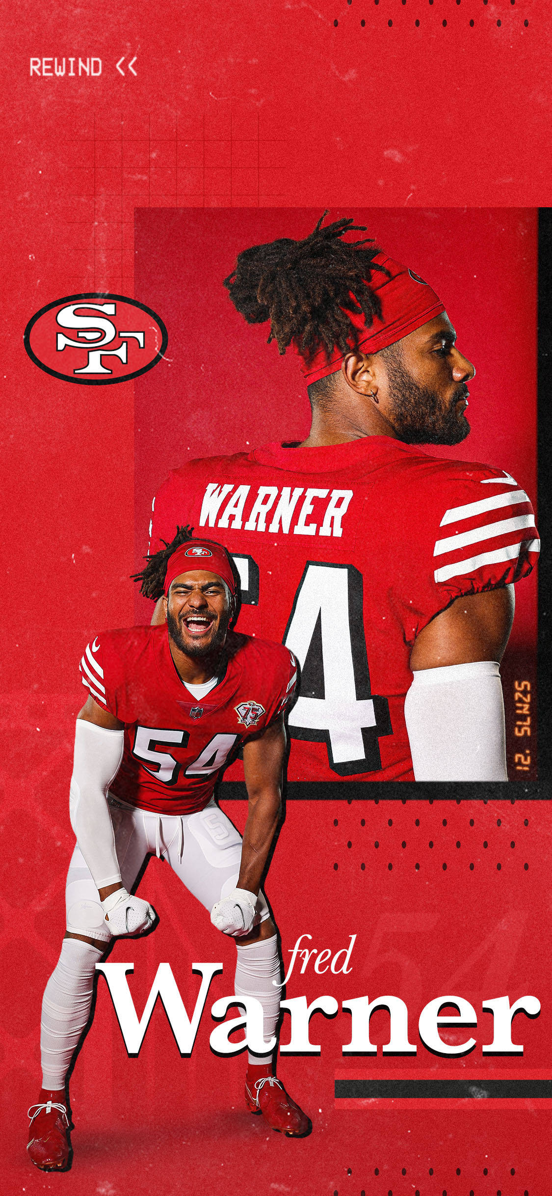 Einiphone-hintergrundbild Mit Zwei Fotos Des San Francisco 49ers-footballspielers Fred Warner, Der Sein Rotes Und Weißes Trikot Mit Der Nummer 
