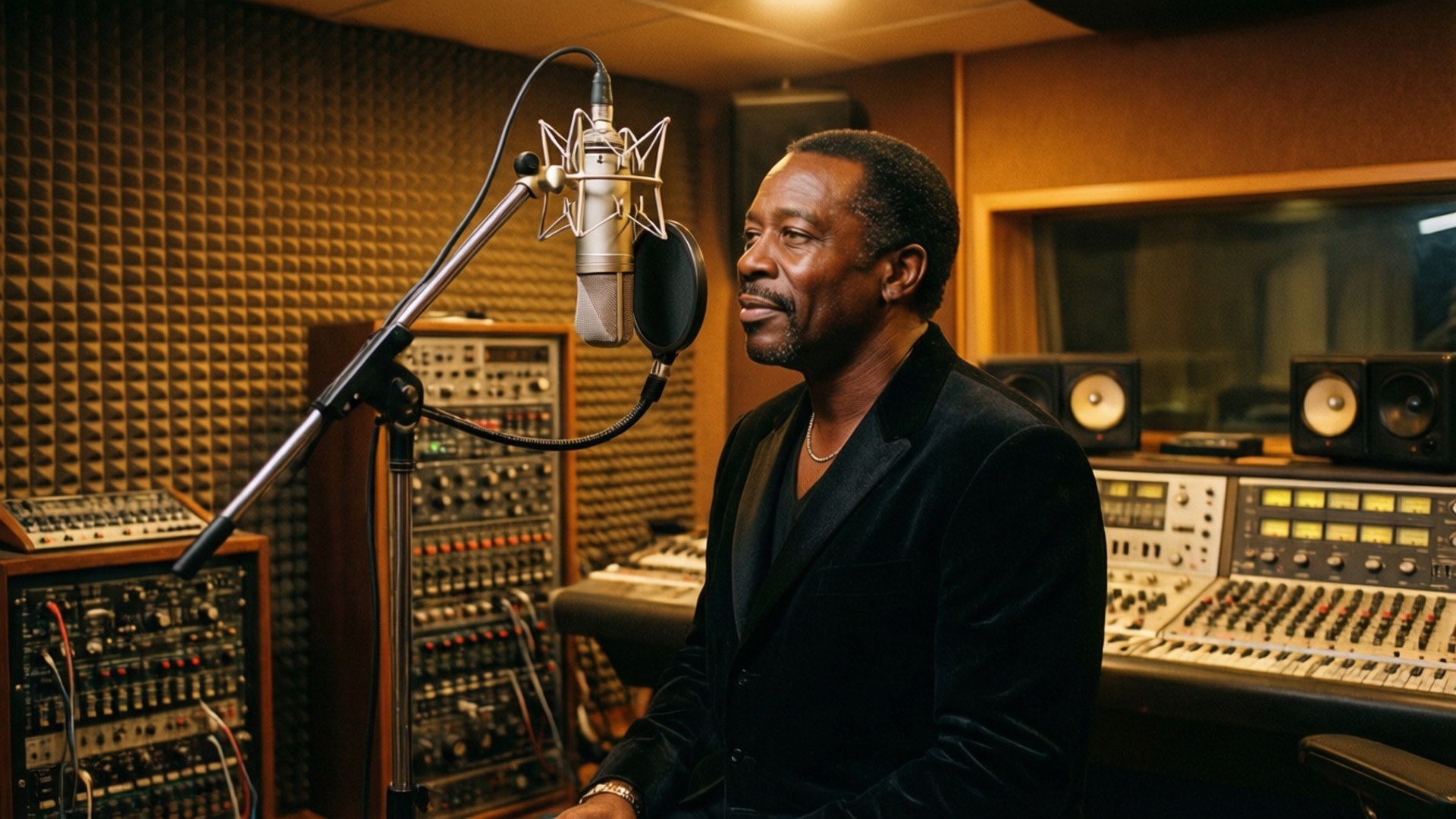 The Temptations vintage-äänitysstudiossa lämpimässä meripihkanvalossa ja analogisilla laitteilla