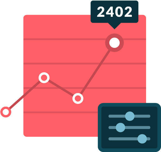 Digital analytics dashboard showing a rising graph with value 2402 and settings panel