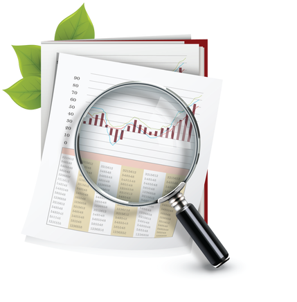 Analyzing Financial Data Graph PNG — A magnifying glass hovers over financial charts and data sheets with green leaves peeking from the side.
