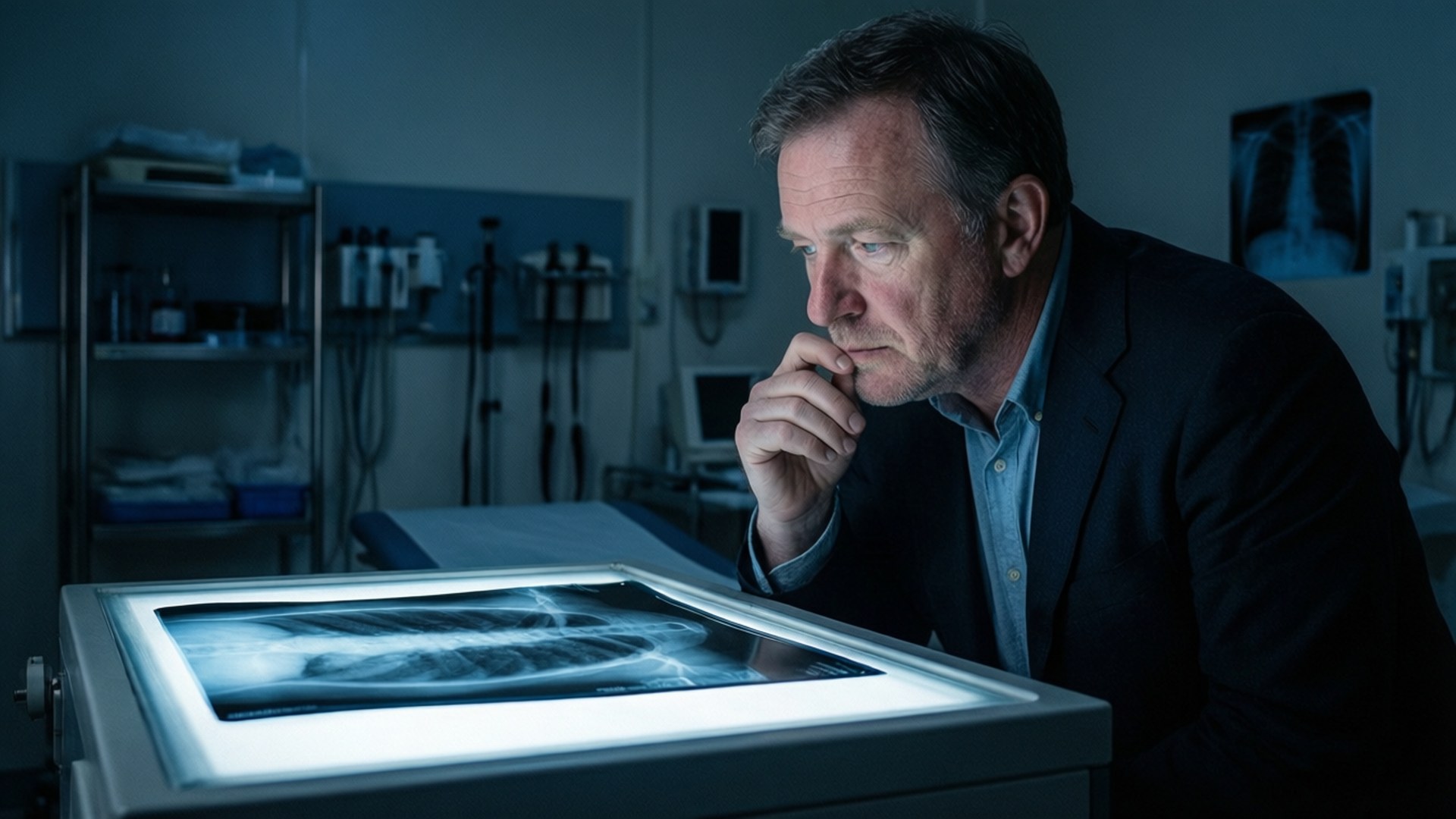Shaun étudie un film radiographique dans une salle de radiologie sombre.